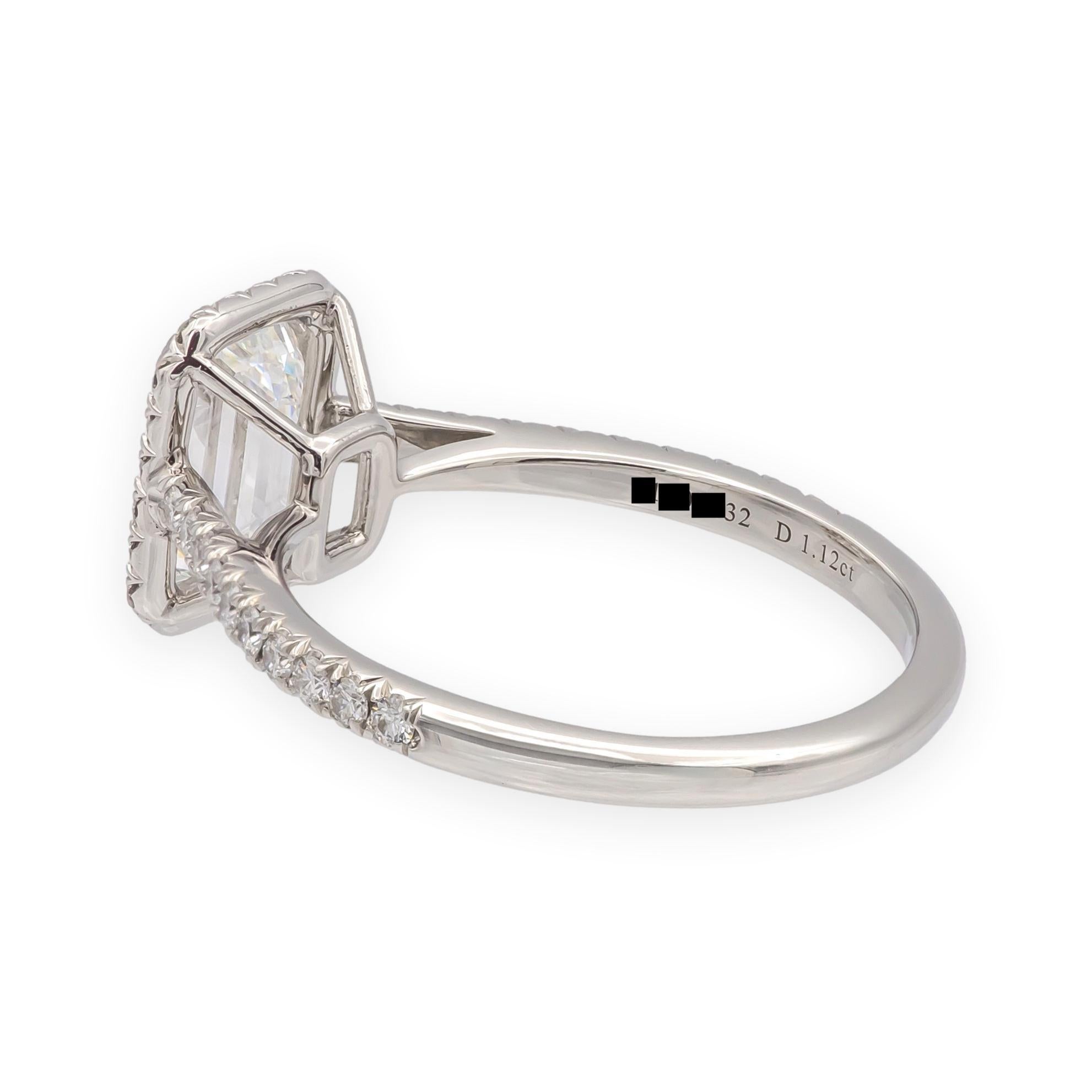 Tiffany & Co. Soleste 1.12 Ct Center Emerald Cut Halo Engagement Ring - F VVS2 In Excellent Condition In New York, NY