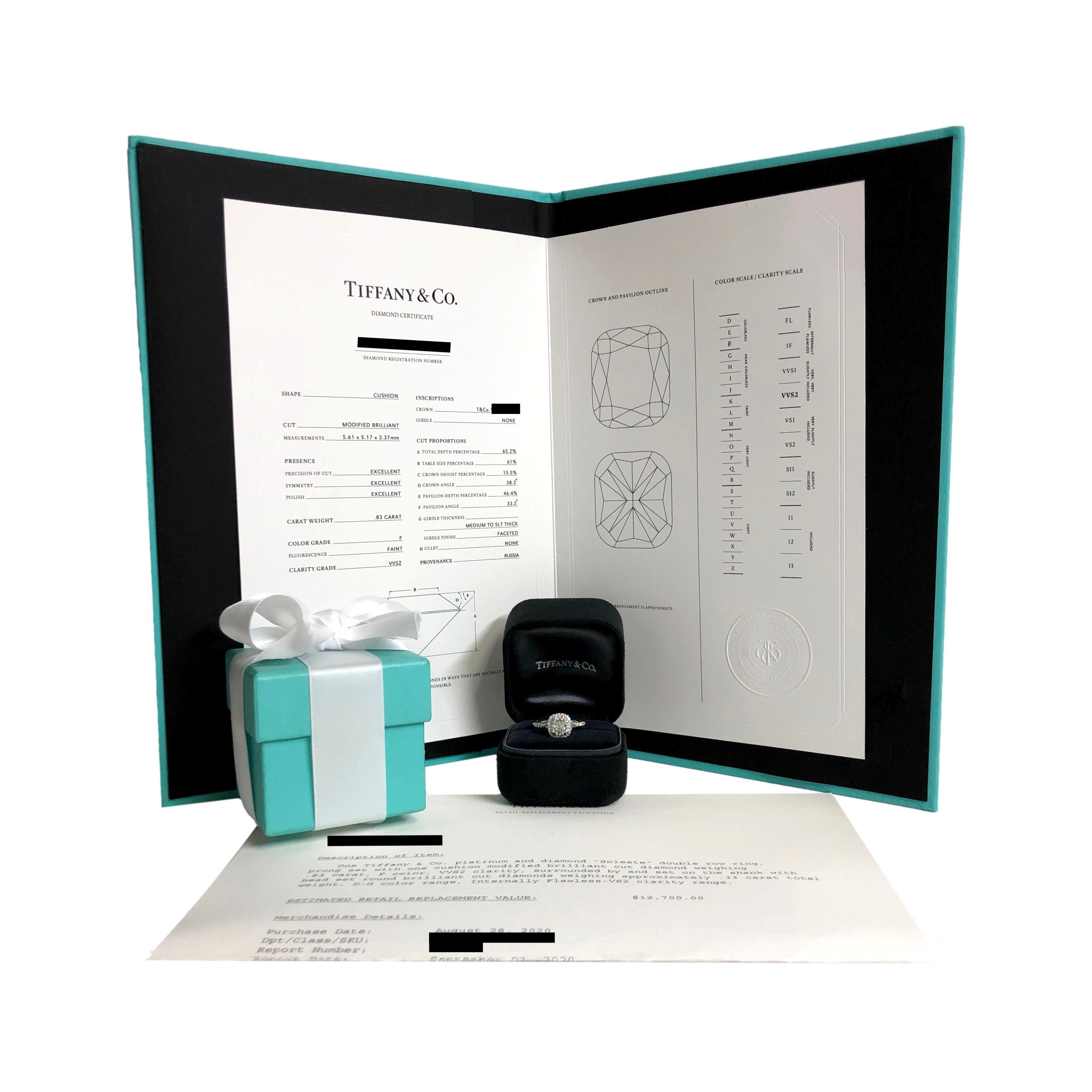 Tiffany & Co. Soleste 1.16 cts total Cushion Diamond Engagement Ring F VVS2 Plat 2