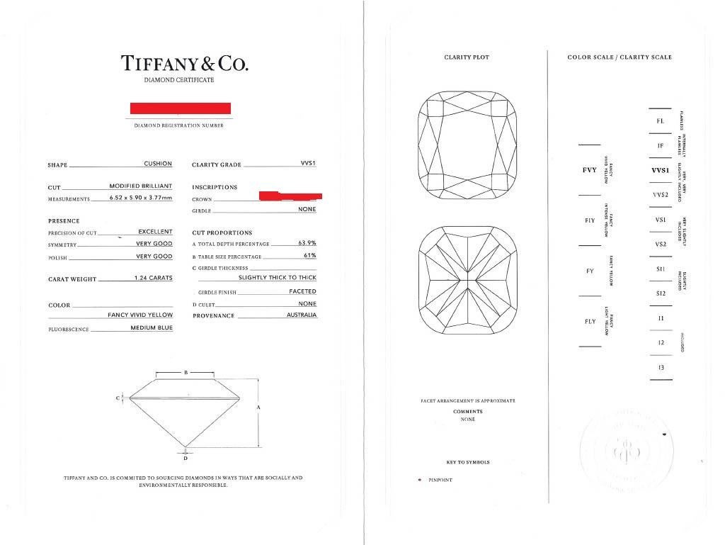 Tiffany & Co. Anello di fidanzamento Soleste con diamante giallo vivo a cuscino da 1,24 carati in vendita 11
