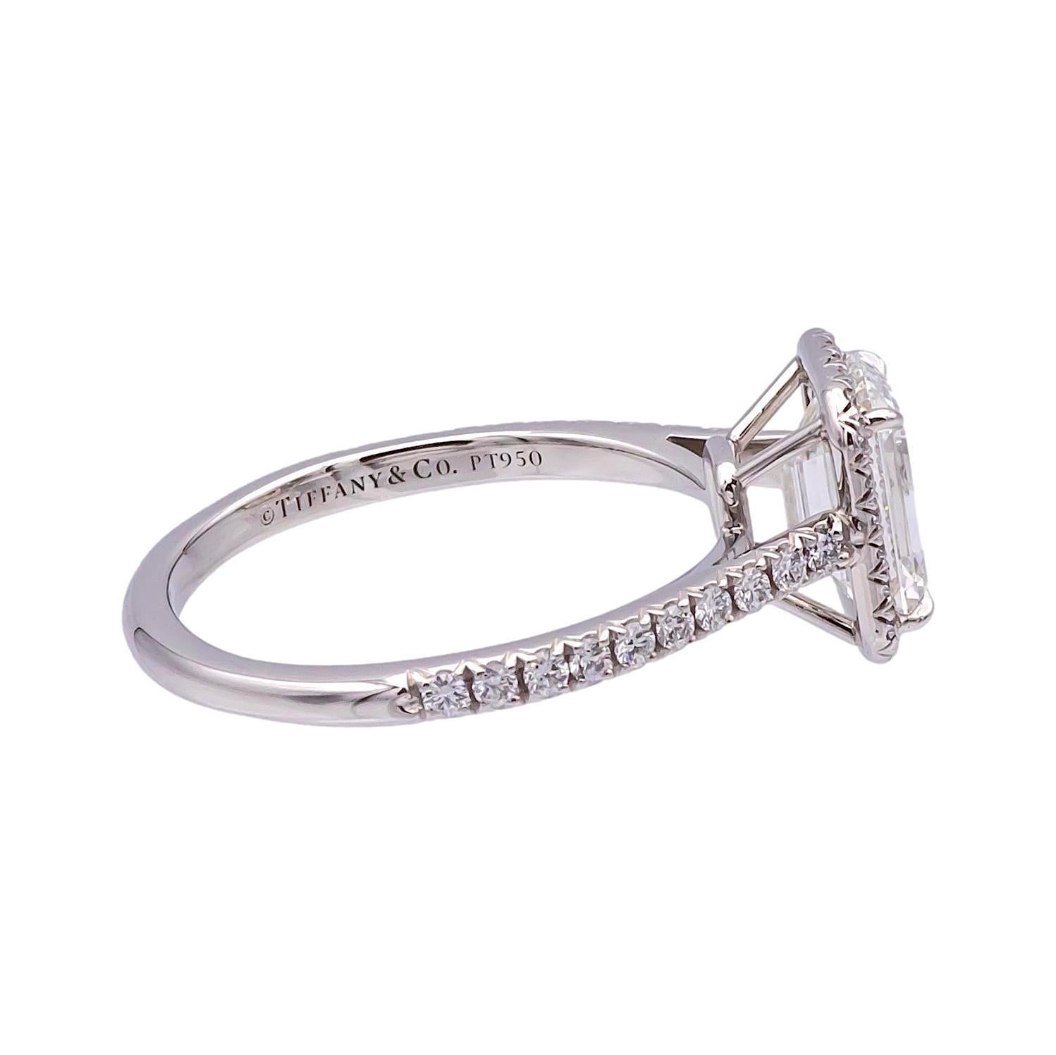 Tiffany & Co. Soleste 1.38 Ct Center Emerald Cut Halo Engagement Ring - H VS1 In Excellent Condition In New York, NY