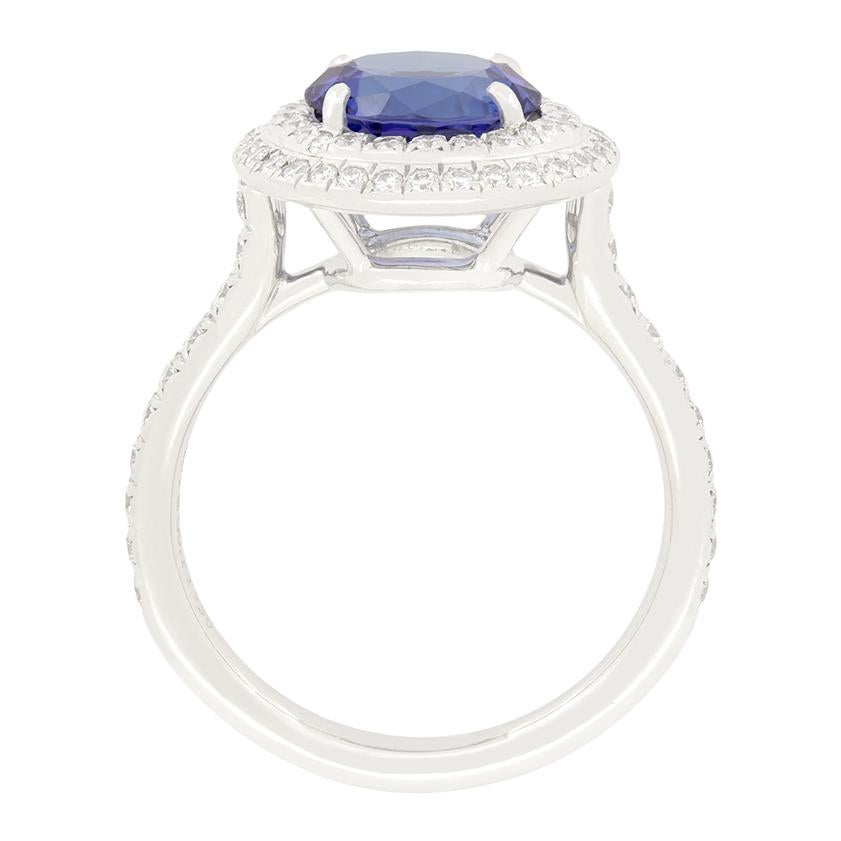 A vibrant 2.20 carat Tanzanite takes centre stage in this double halo ring from Tiffany & Co’s ‘Soleste’ collection. The round cut tanzanite exudes a wonderous purple hue, enhanced by the clean whiteness of the diamonds surrounding. Set in the