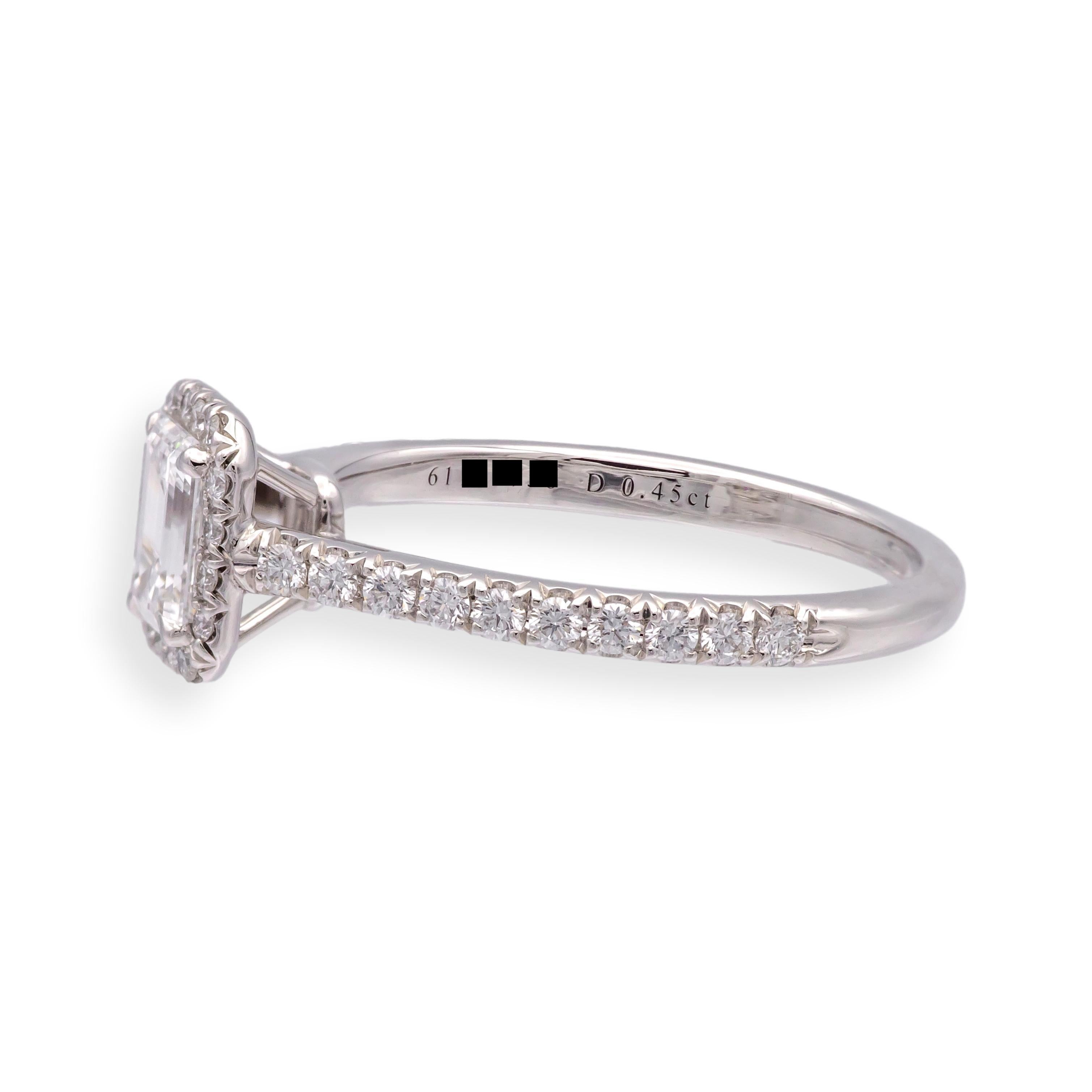 Contemporary Tiffany & Co. Soleste .45 Ct Center Emerald Cut Halo Diamond Engagement Ring