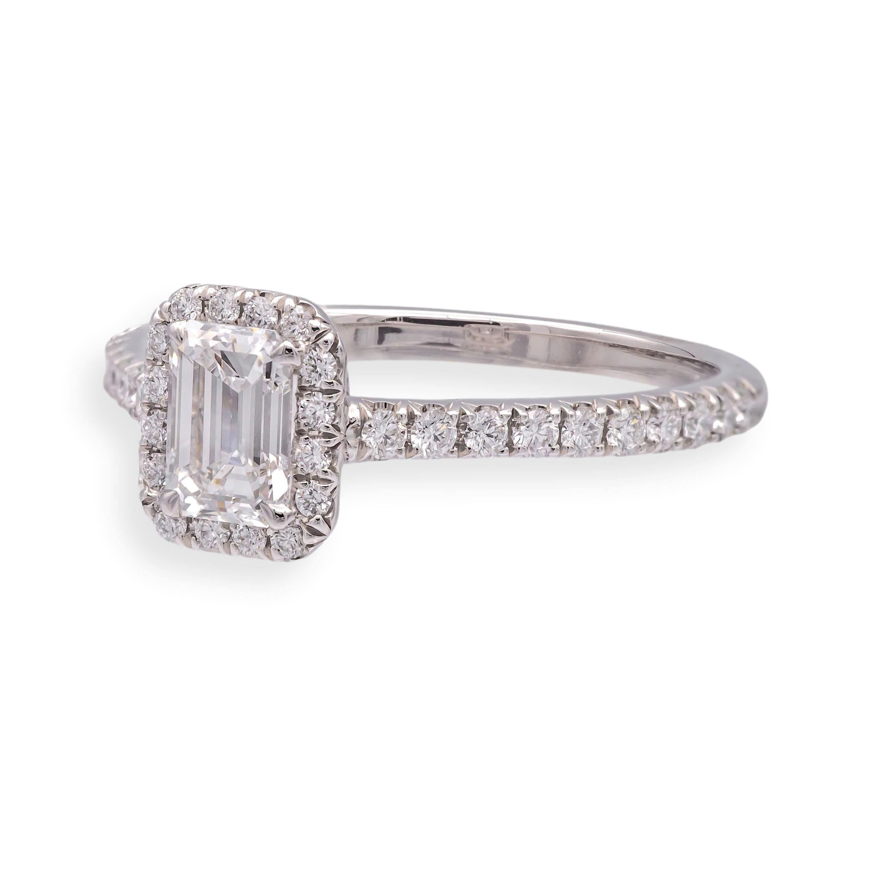 Tiffany & Co. Soleste .45 Ct Center Emerald Cut Halo Engagement Ring - E VS1 For Sale 1