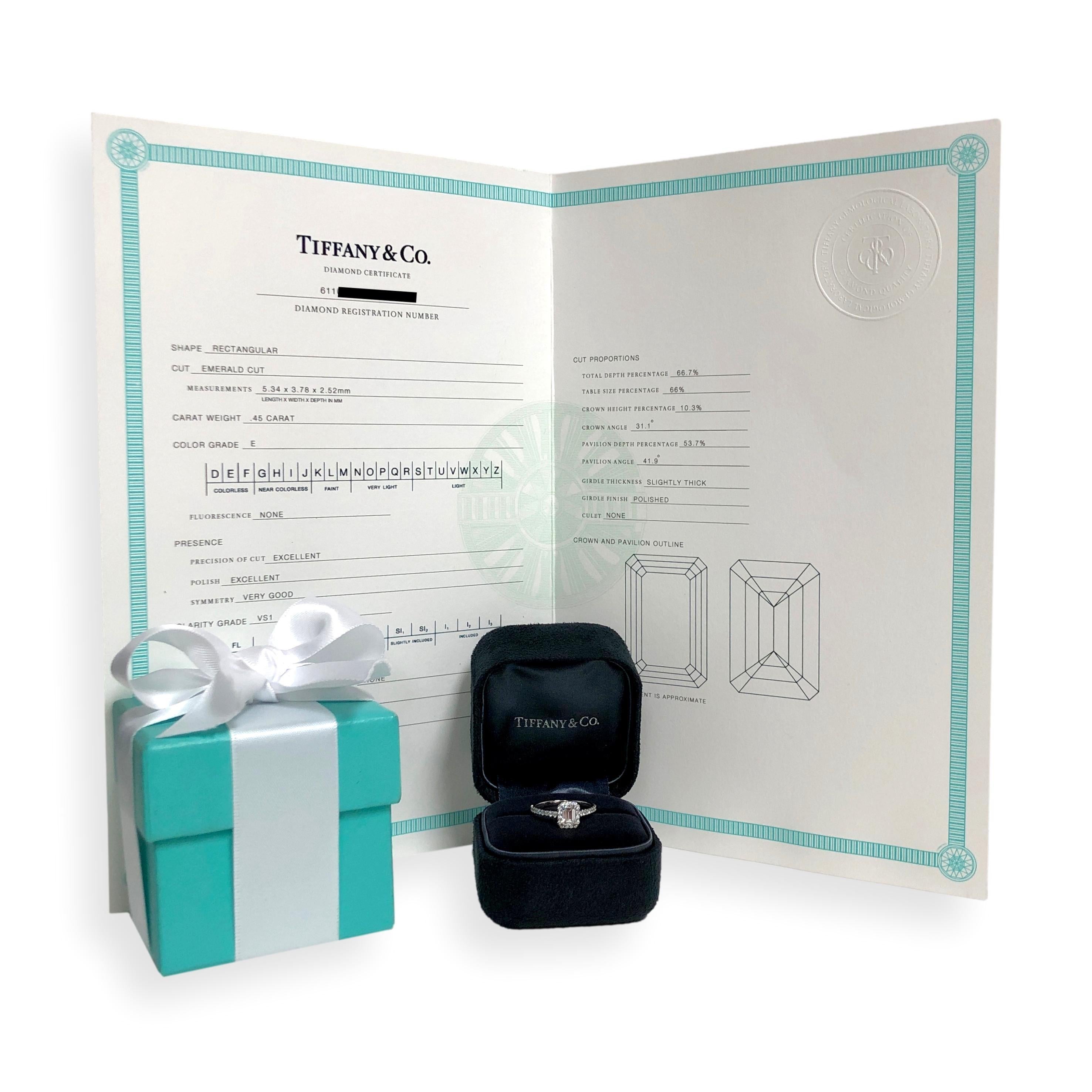 Tiffany & Co. Soleste .45 Ct Center Emerald Cut Halo Engagement Ring - E VS1 For Sale 3