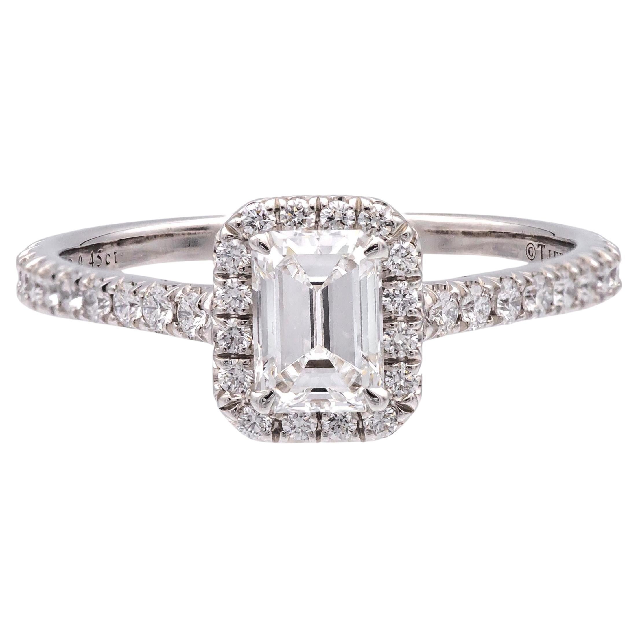 Tiffany & Co. Soleste .45 Ct Center Emerald Cut Halo Engagement Ring - E VS1