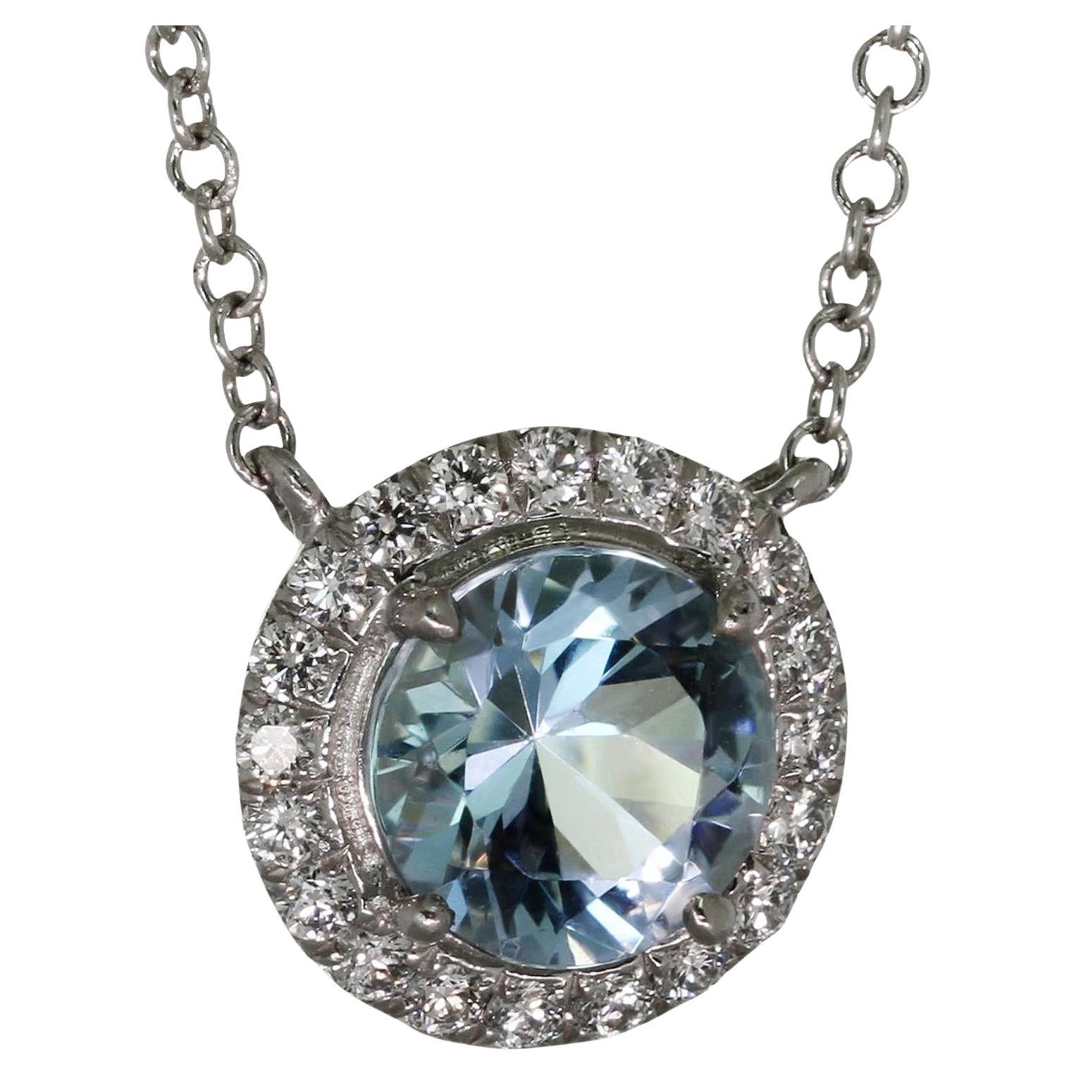 Tiffany Platinum Aquamarine Pendant & Diamond Necklace Platinum .950 Chain  - Colonial Trading Company