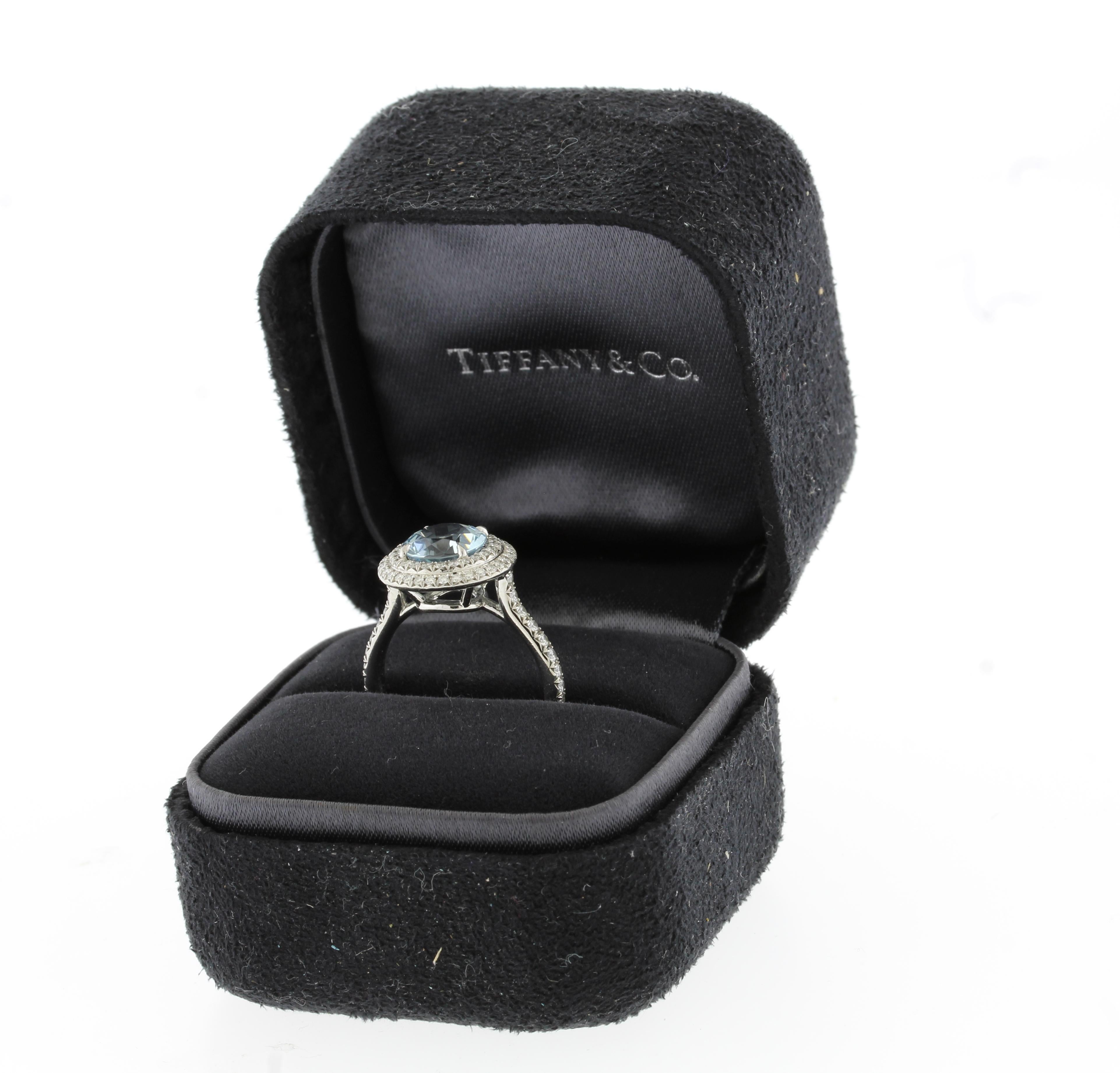 Round Cut Tiffany & Co. Soleste  Aquamarine Double Diamond Halo Ring  