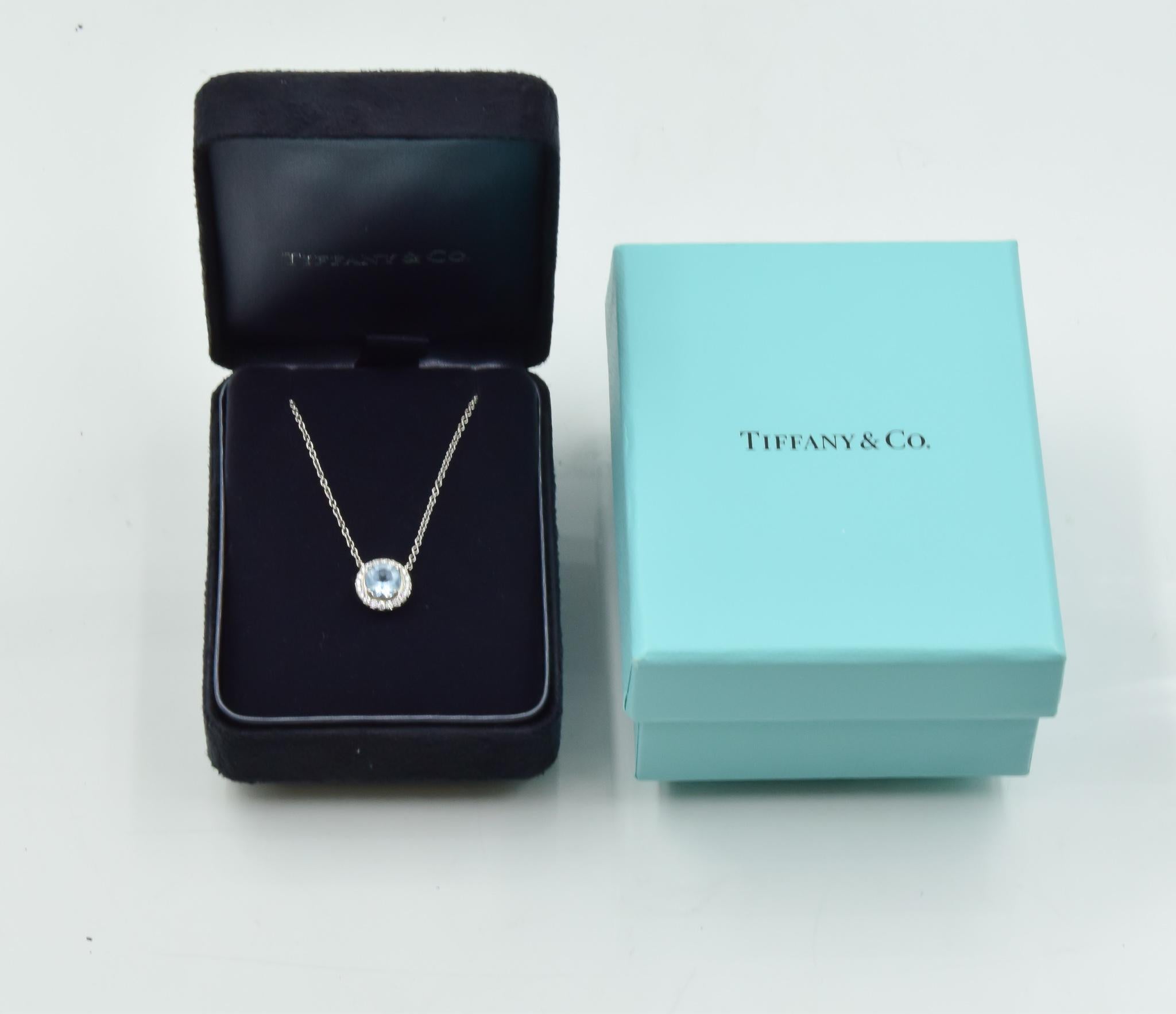 Tiffany & Co. Soleste Aquamarine Pendant in Platinum with Diamond Halo In Excellent Condition In Carmel, IN