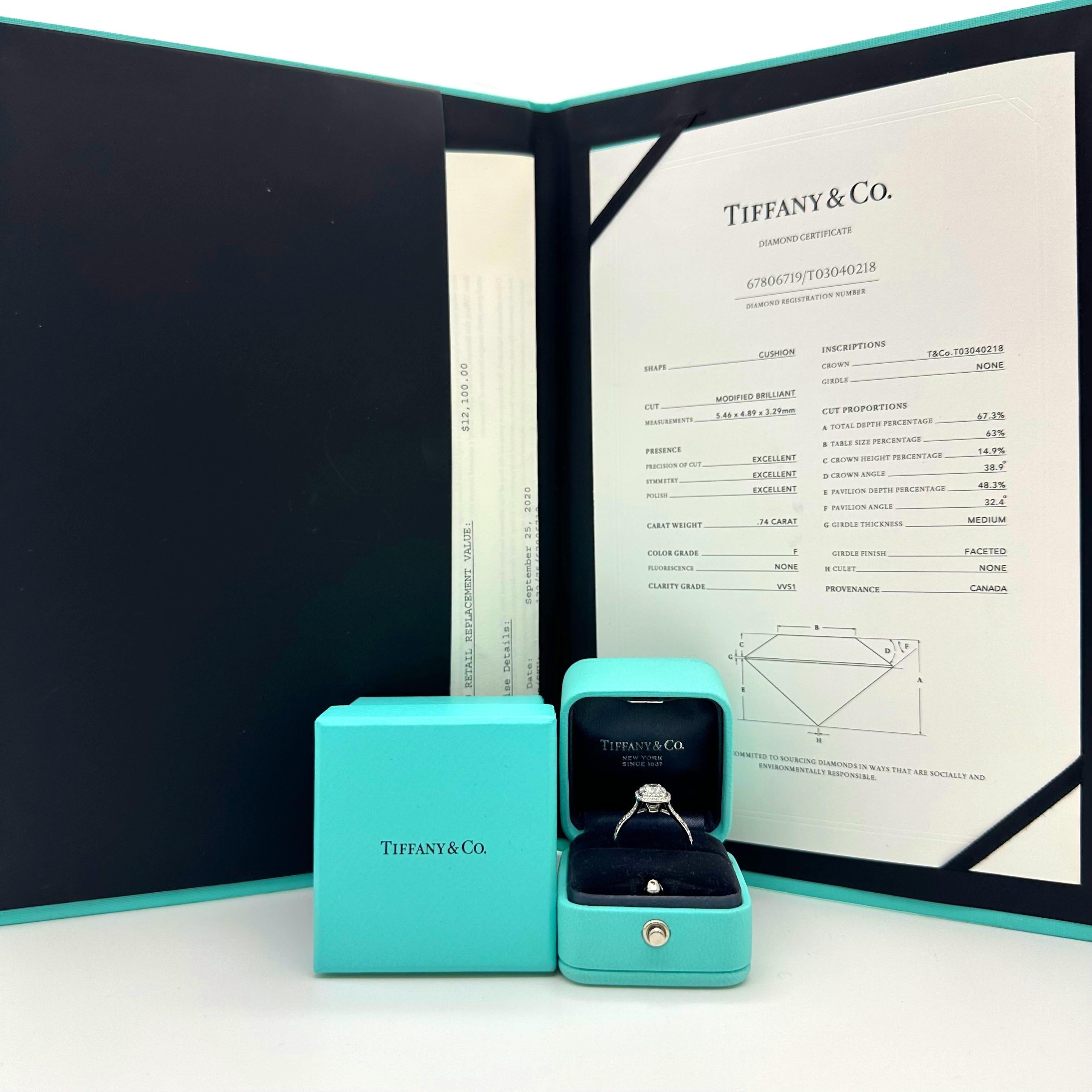 Tiffany & Co Soleste Cushion 0.74 cts F VVS1 Diamond Engagement Ring Platinum For Sale 5