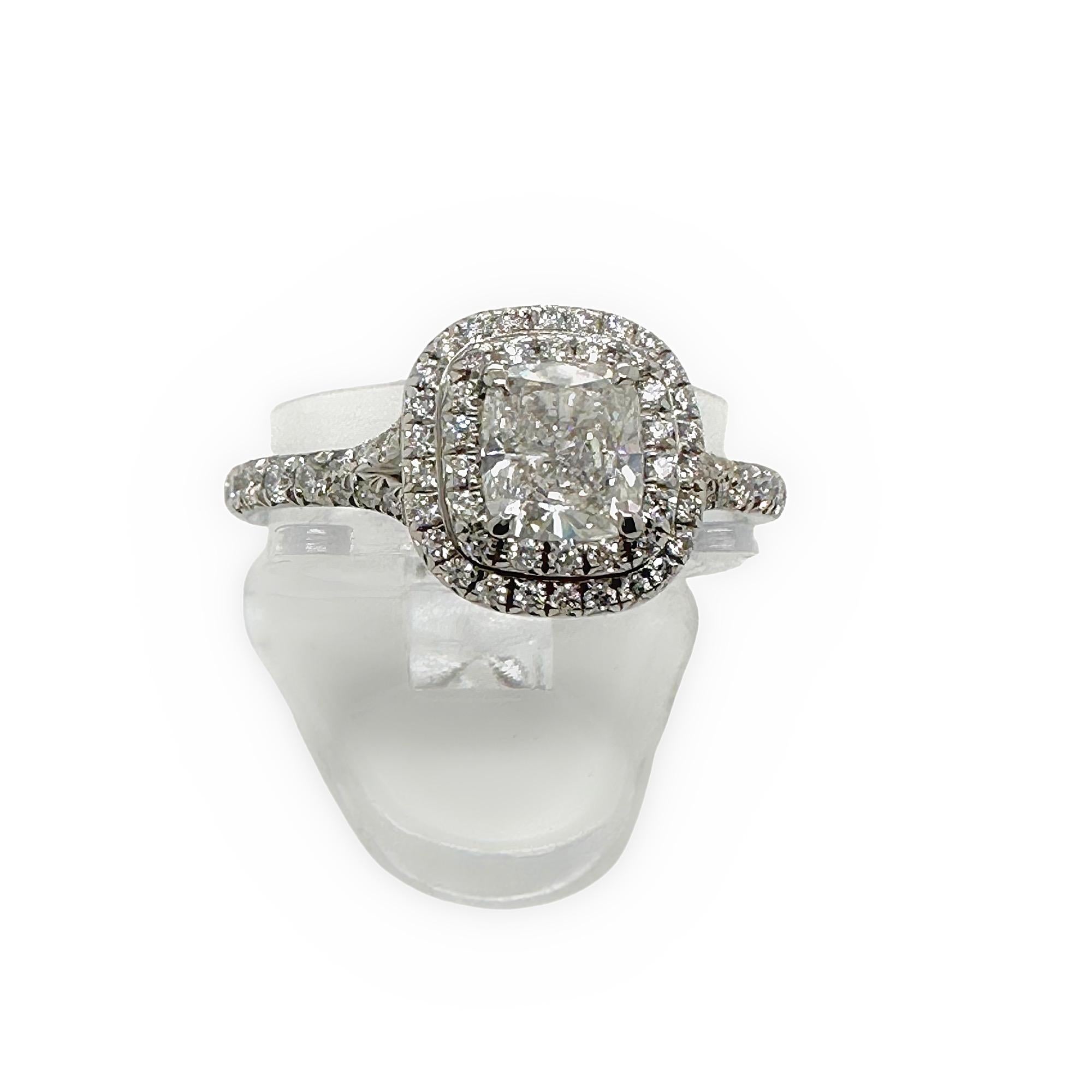 Tiffany & Co Soleste Cushion Diamond Engagement Ring
Style:  Double Halo with Bead Set Diamond Band
Ref. number: 67806719 / T03040218
Metal:   Platinum Pt950
Size:  7 sizable
Measurements:  2 mm 
Main Diamond:  Cushion Brilliant 0.74 cts
Color &