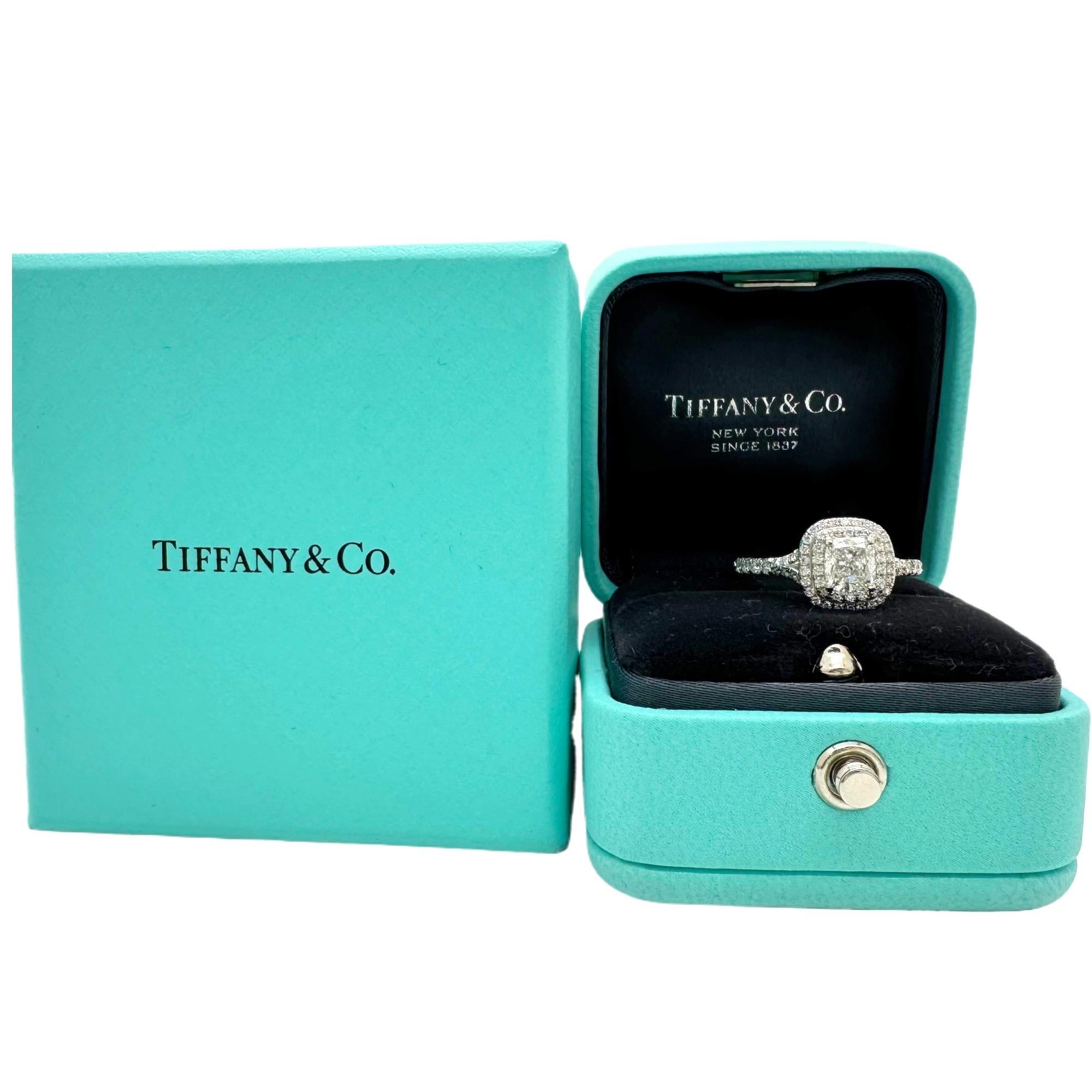 Tiffany & Co Soleste Cushion 0.74 cts F VVS1 Diamond Engagement Ring Platinum In Excellent Condition For Sale In San Diego, CA