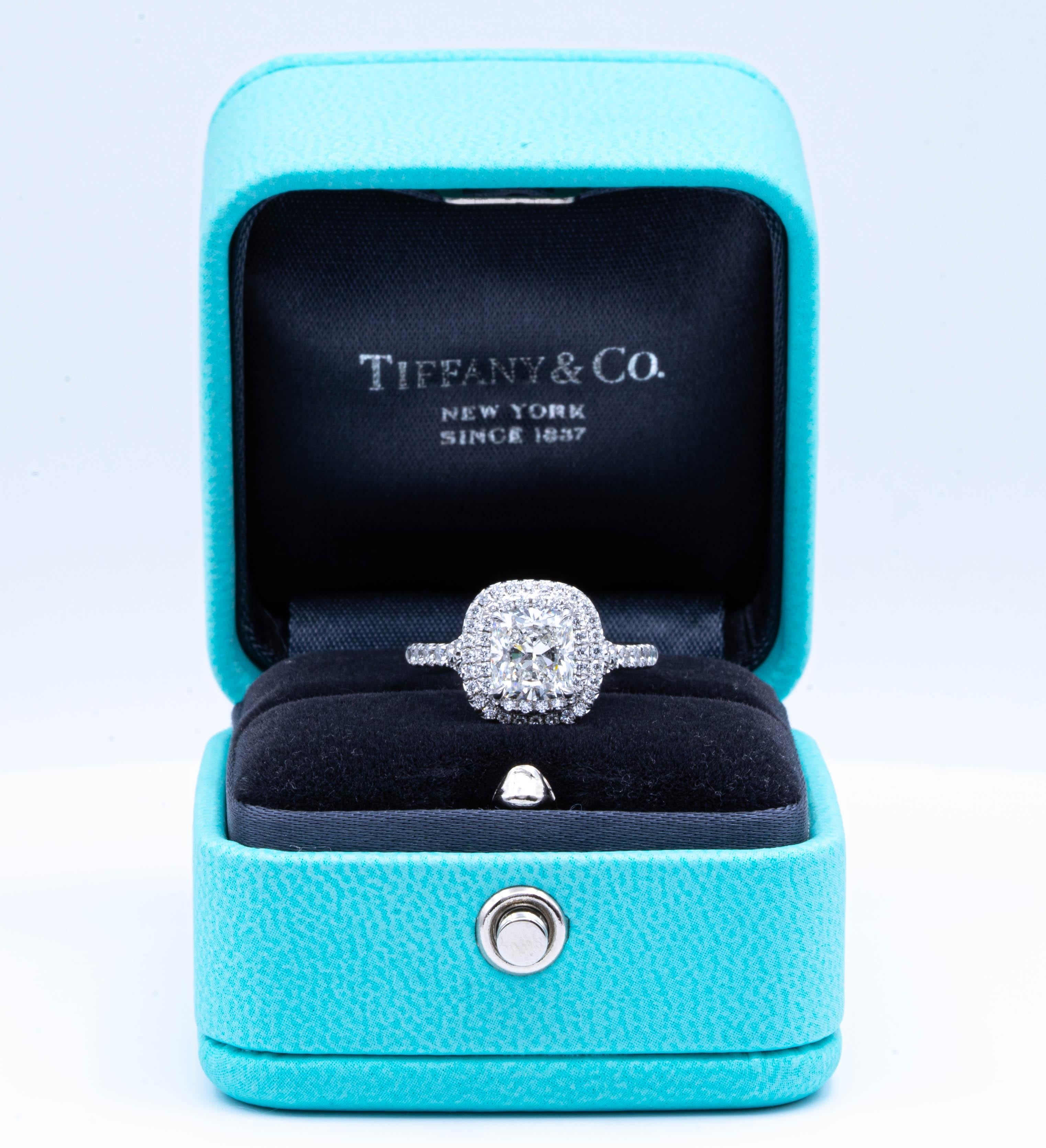 Tiffany & Co. Platinum Soleste Cushion Diamond Engagement Ring 1.68 Cts Total 4