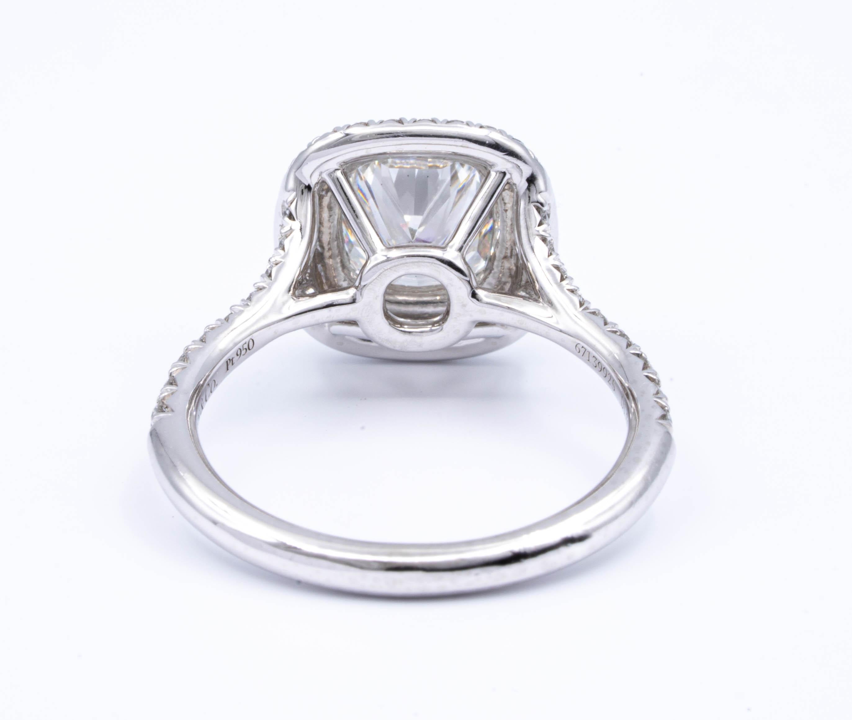 Tiffany & Co. Platinum Soleste Cushion Diamond Engagement Ring 1.68 Cts Total In Excellent Condition In New York, NY