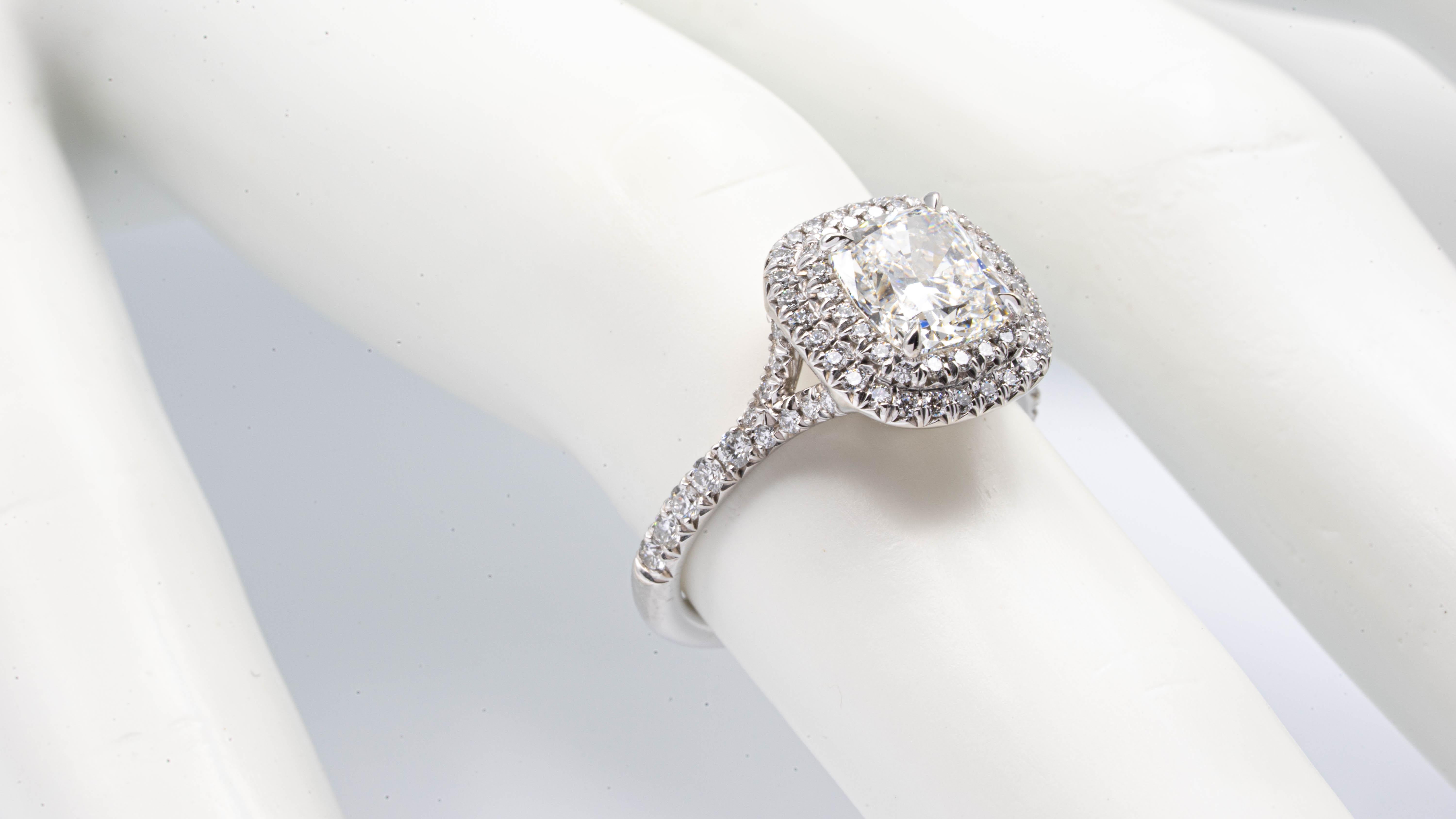 Tiffany & Co. Platinum Soleste Cushion Diamond Engagement Ring 1.68 Cts Total 1