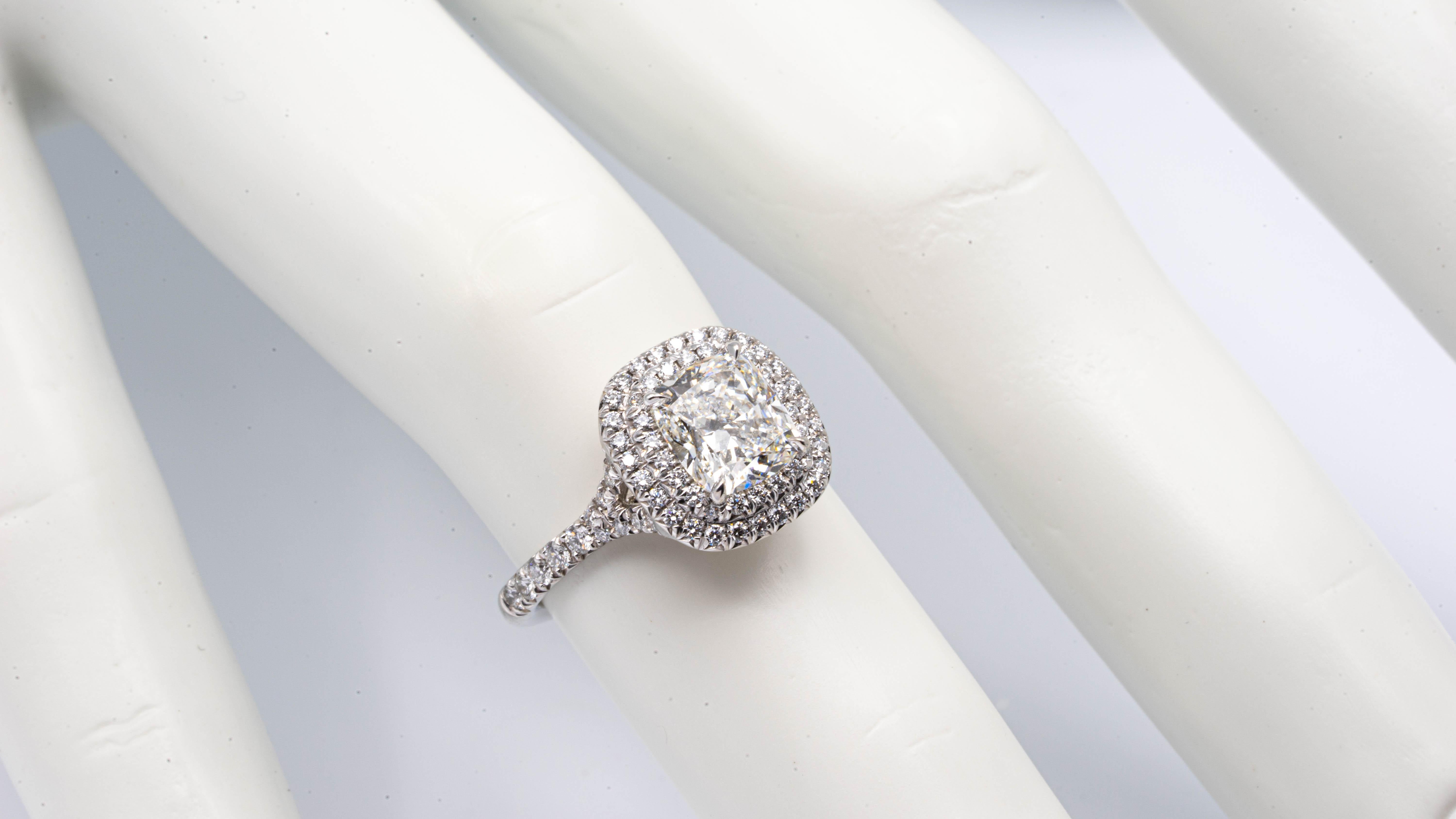 Tiffany & Co. Platinum Soleste Cushion Diamond Engagement Ring 1.68 Cts Total 2