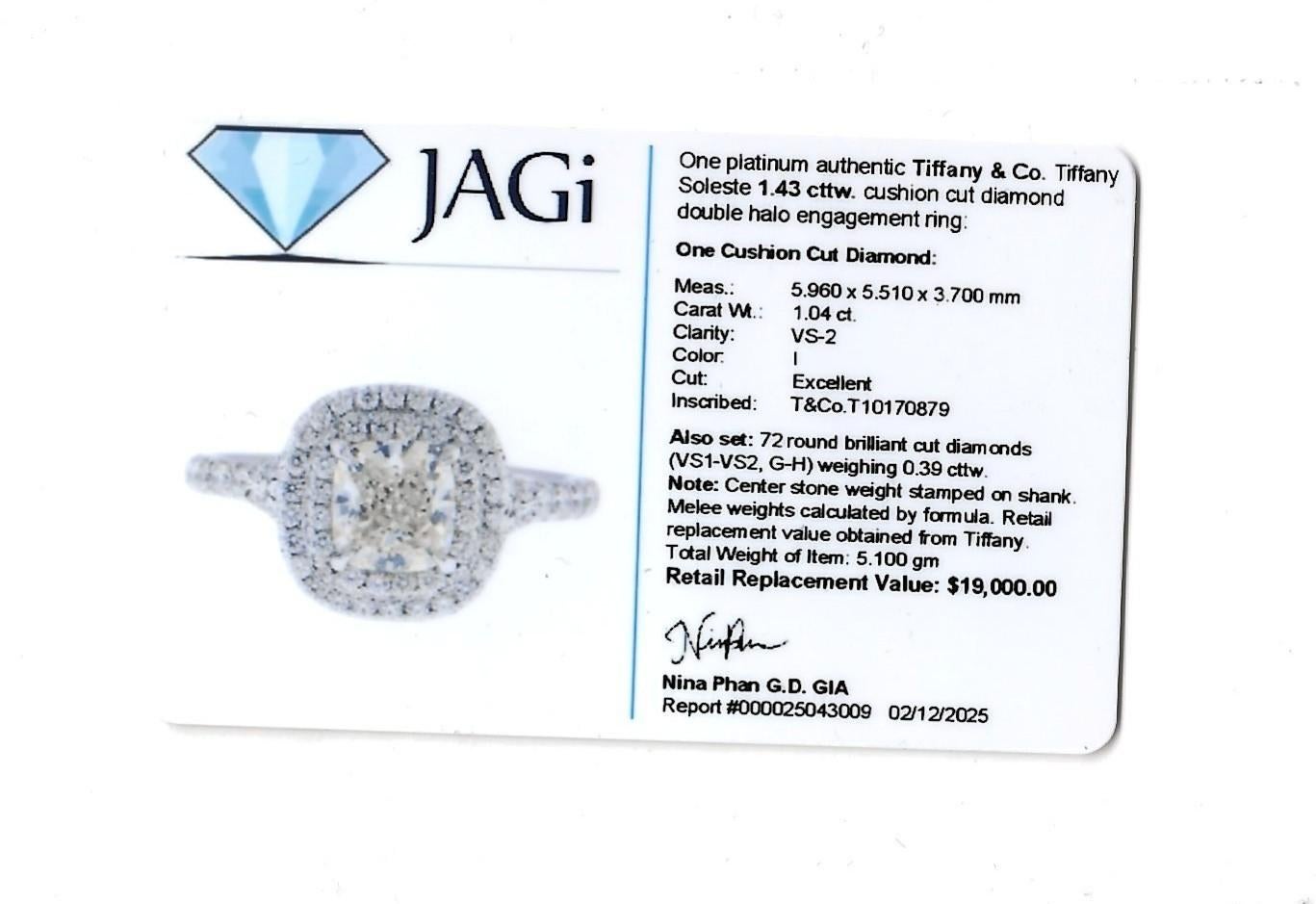 Tiffany & Co. Anello di fidanzamento in platino con doppio alone di diamanti taglio cuscino Soleste in vendita 5