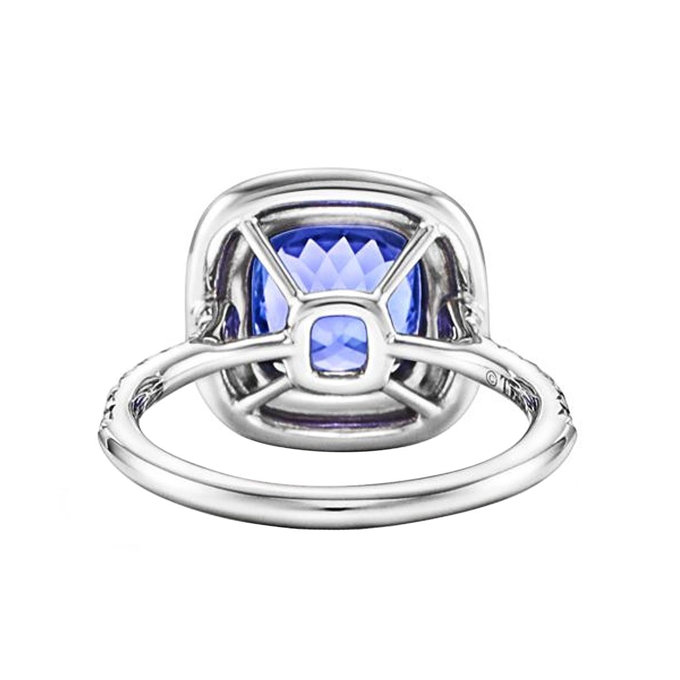 Modernist Tiffany & Co Soleste Cushion Cut Tanzanite Double Halo Round Diamond Ring For Sale