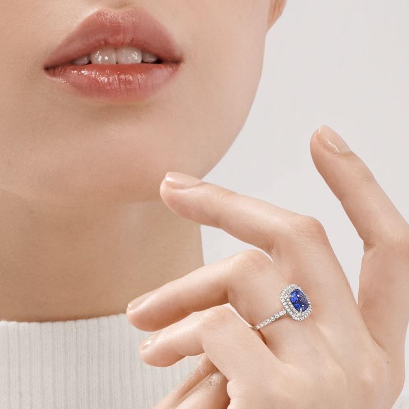 Tiffany & Co Soleste Cushion Cut Tanzanite Double Halo Round Diamond Ring In Excellent Condition For Sale In Aventura, FL