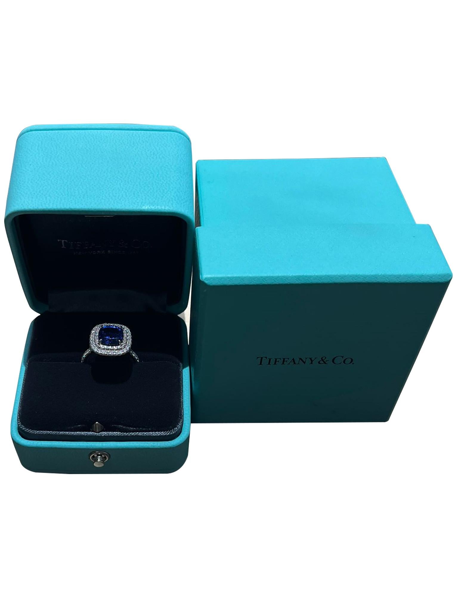 Tiffany & Co Soleste Cushion Cut Tanzanite Double Halo Round Diamond Ring For Sale 1