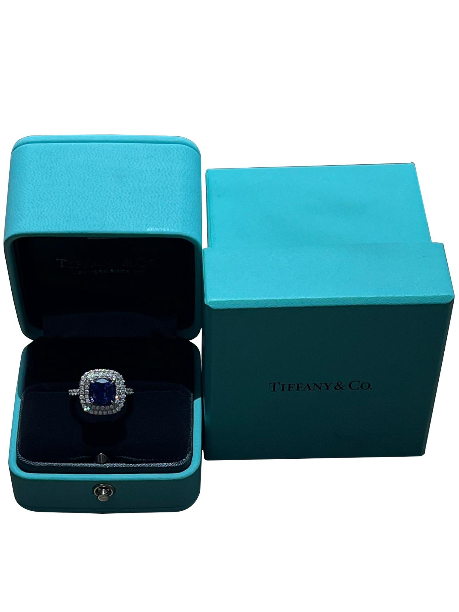 Tiffany & Co Soleste Cushion Cut Tanzanite Double Halo Round Diamond Ring For Sale 2