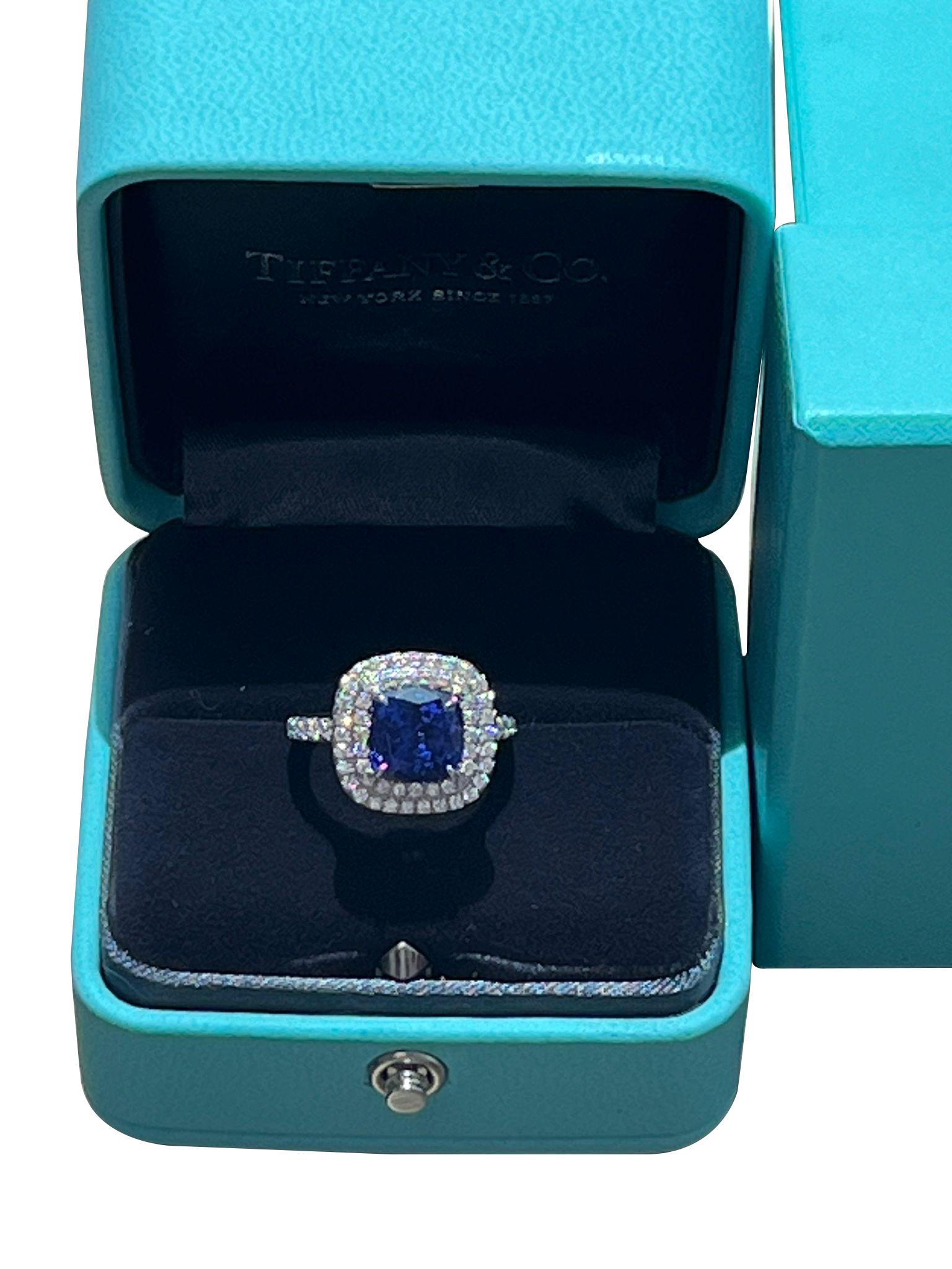 Tiffany & Co Soleste Cushion Cut Tanzanite Double Halo Round Diamond Ring For Sale 3