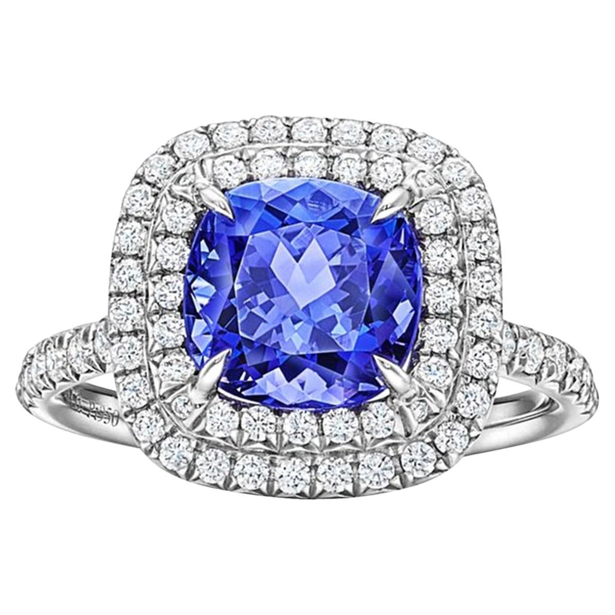 Tiffany & Co Soleste Tansanit im Kissenschliff, Tansanit mit doppeltem Halo, runder Diamantring