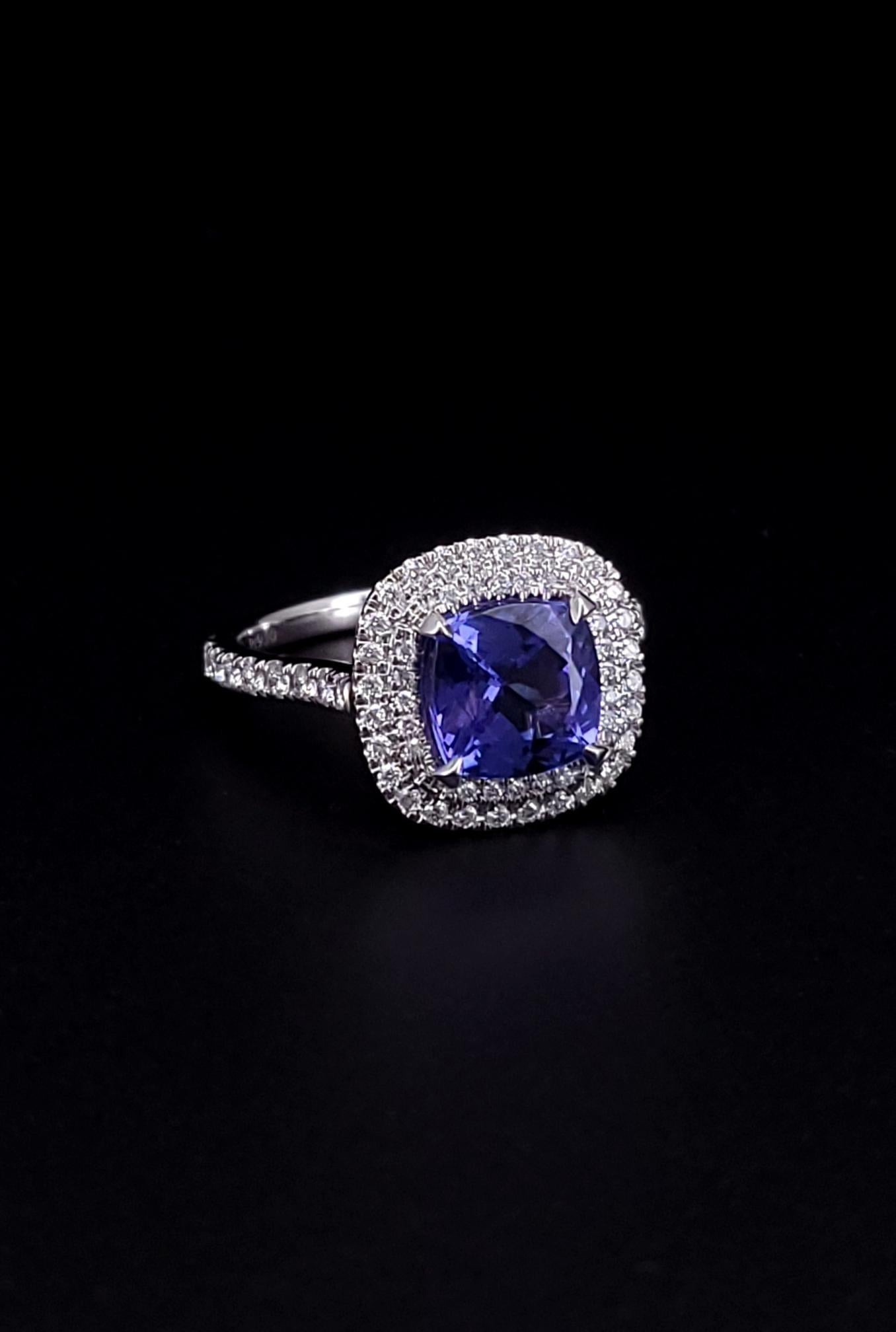 Tiffany & Co. Soleste Cushion Cut Tanzanite Double Row Diamond Ring In Excellent Condition In New York, NY