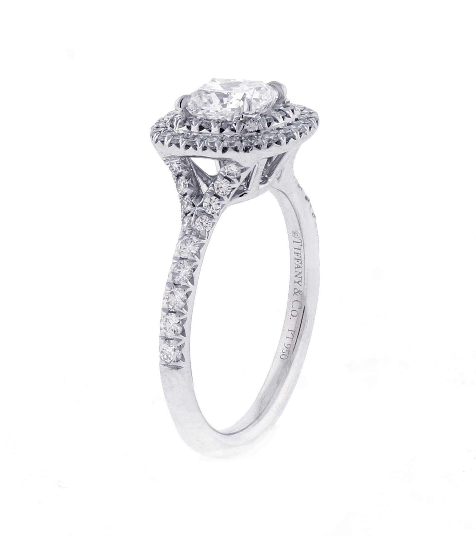 Cushion Cut Tiffany & Co. Soleste Cushion .64c Double Halo Engagement Ring with Diamond Band For Sale