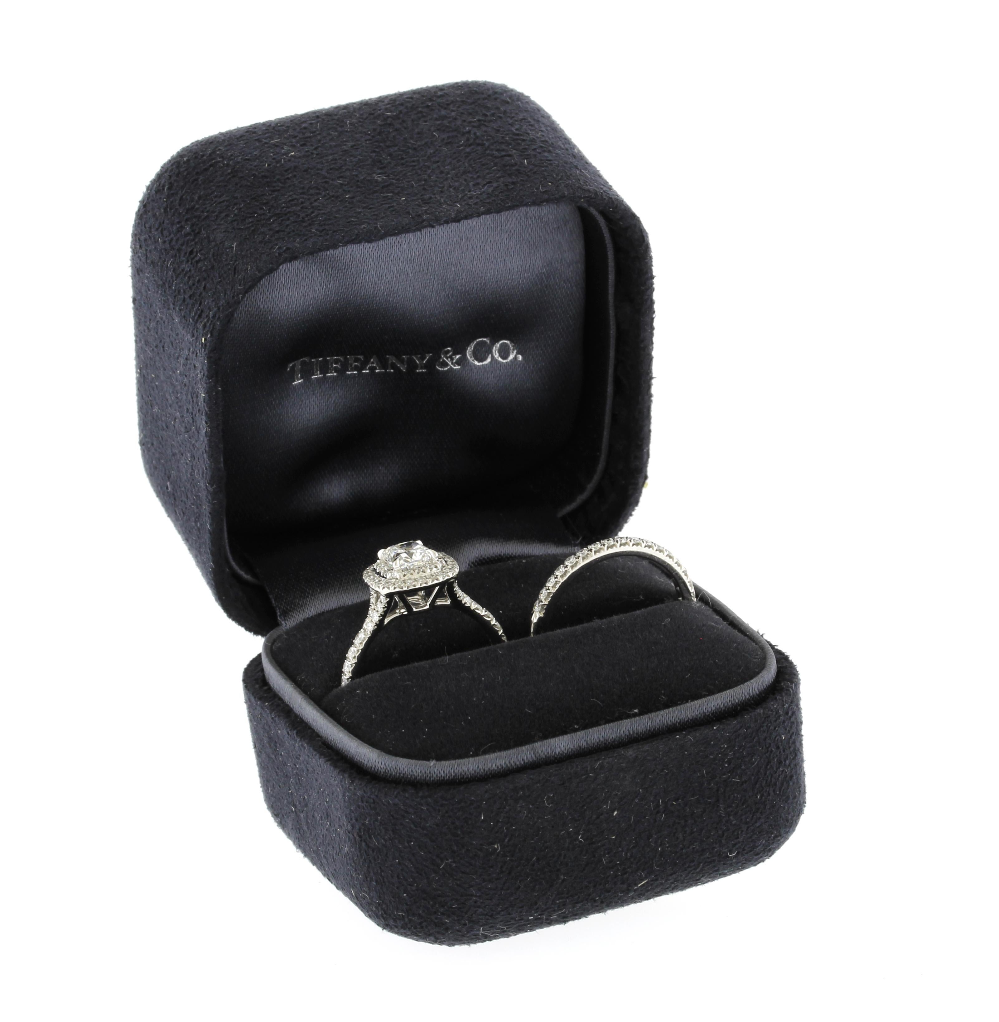 Tiffany & Co. Soleste Cushion .64c Double Halo Engagement Ring with Diamond Band In Excellent Condition For Sale In Bethesda, MD