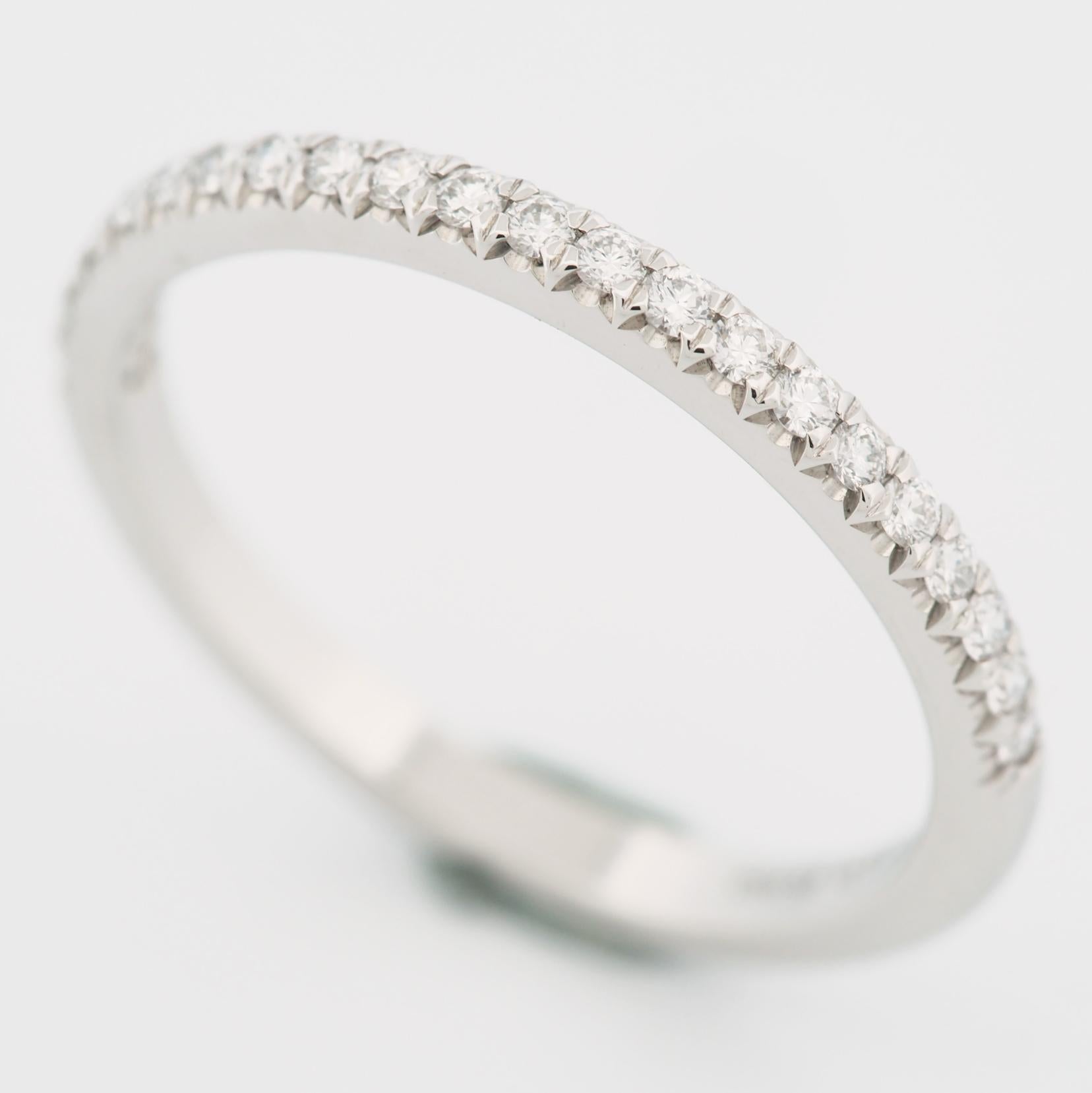 Item: Tiffany & Co. Soleste Half Eternity Diamonds Ring
Stones: Diamond ( 0.17ct )
Metal: Platinum 950
Ring Size: US SIZE 6.75 UK SIZE M 3/4
Internal Diameter: 17.15 mm
Measurement: 2.0 mm
Weight: 3.2 Grams
Condition: Used (repolished)
Retail Price: