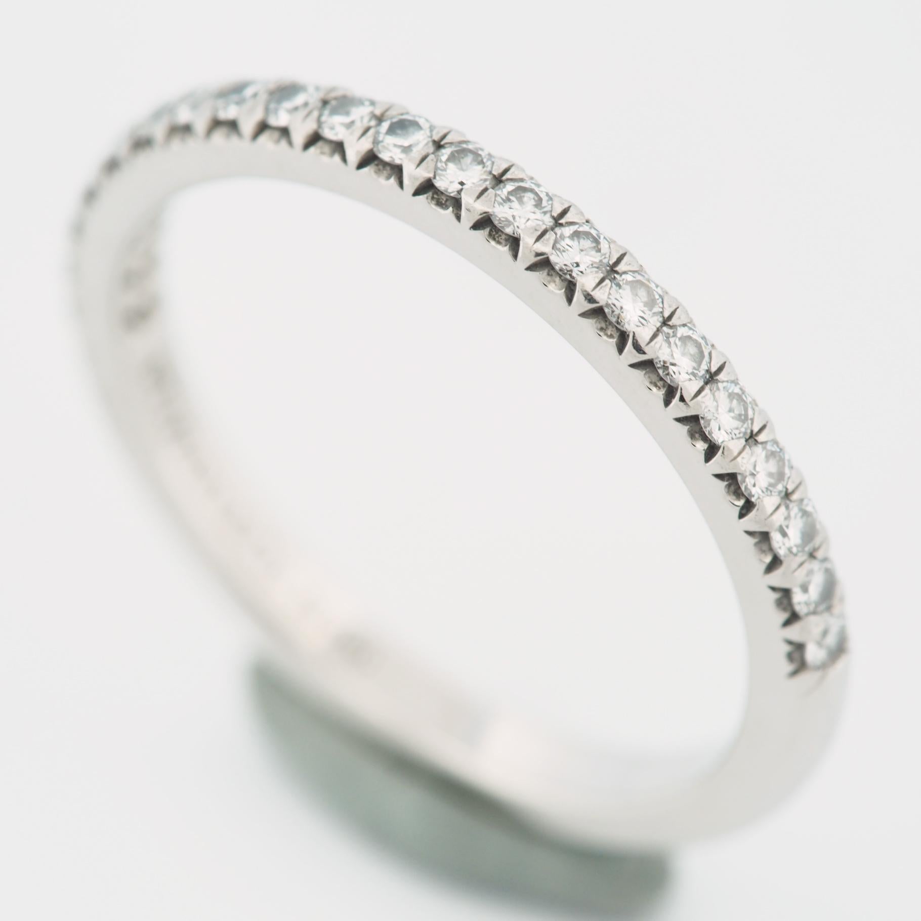 Item: Authentic Tiffany & Co. Soleste Half Eternity Diamonds Ring
Stones: Diamond ( 0.17ct )
Metal: Platinum 950
Ring Size: US SIZE 5.25 UK SIZE K
Internal Diameter: 16.00 mm
Measurement: 2.0 mm width
Weight: 3.1 Grams
Condition: Used