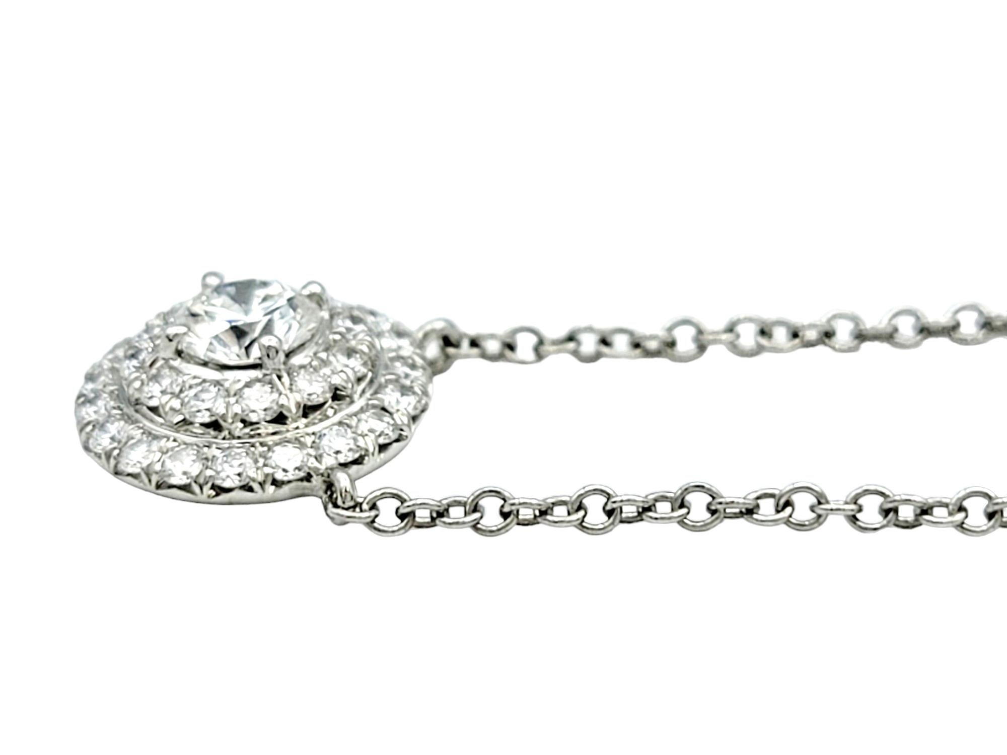Contemporary Tiffany & Co. Soleste Double Diamond Halo Pendant Necklace Set in Platinum For Sale