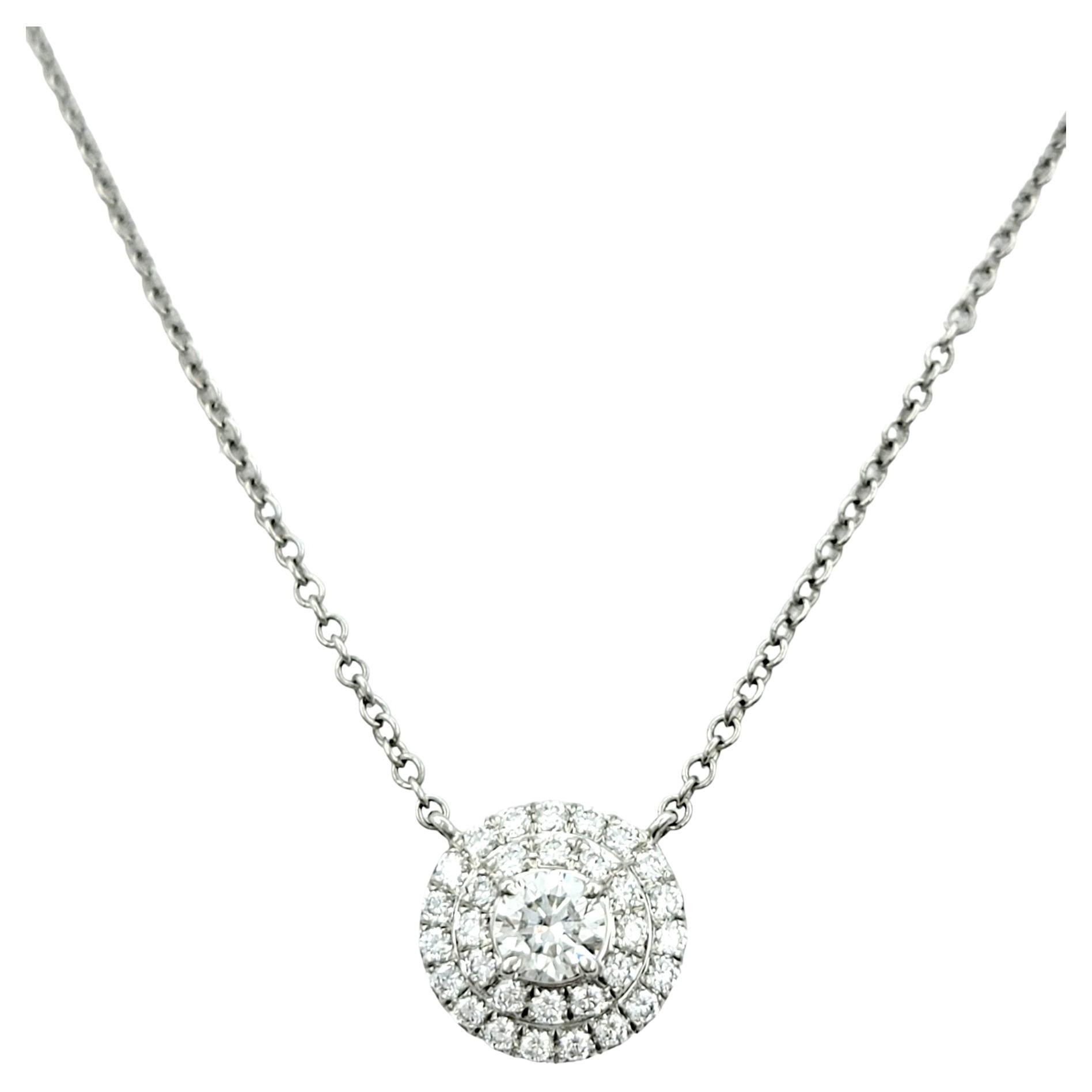 Tiffany & Co. Soleste Double Diamond Halo Pendant Necklace Set in Platinum For Sale