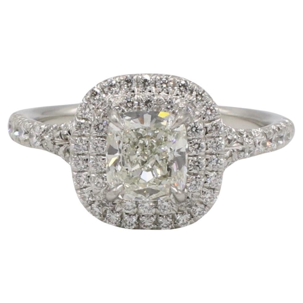 Tiffany & Co. Soleste Double Halo 0.76 Carat I VVS1 Natural Diamond Platinum Engagement Ring
Metal: Platinum
Weight: 4.03 grams
Diamond: Cushion modified brilliant 0.76 carat I VVS1 natural diamond
Accent diamonds: .27 CTW D-G round natural