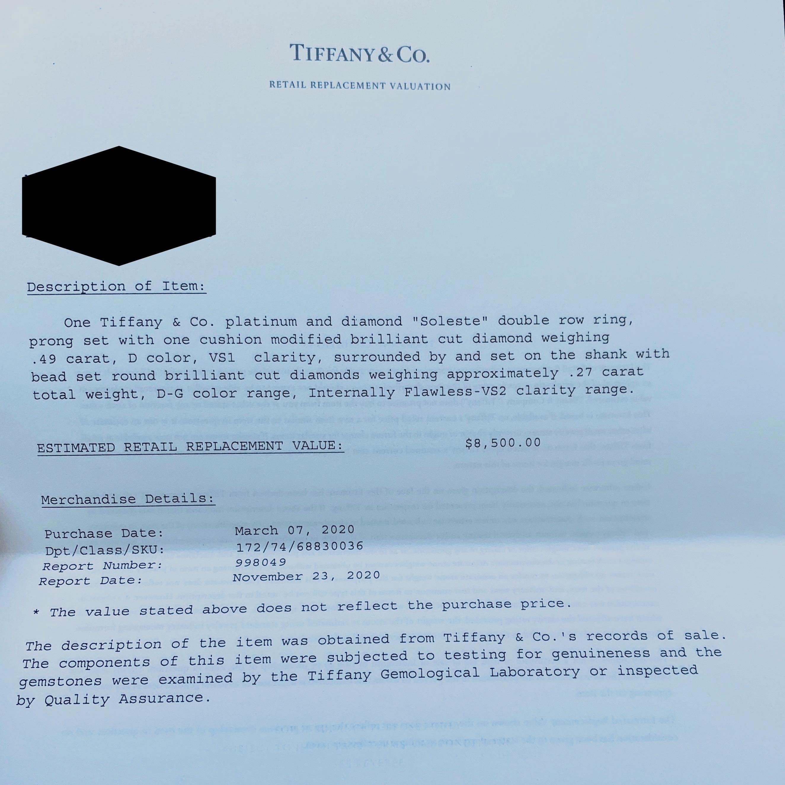 Tiffany & Co. Soleste Soleste Verlobungsring Platin mit 0,76 Karat Diamant im Doppel-Kissen-Schliff 6