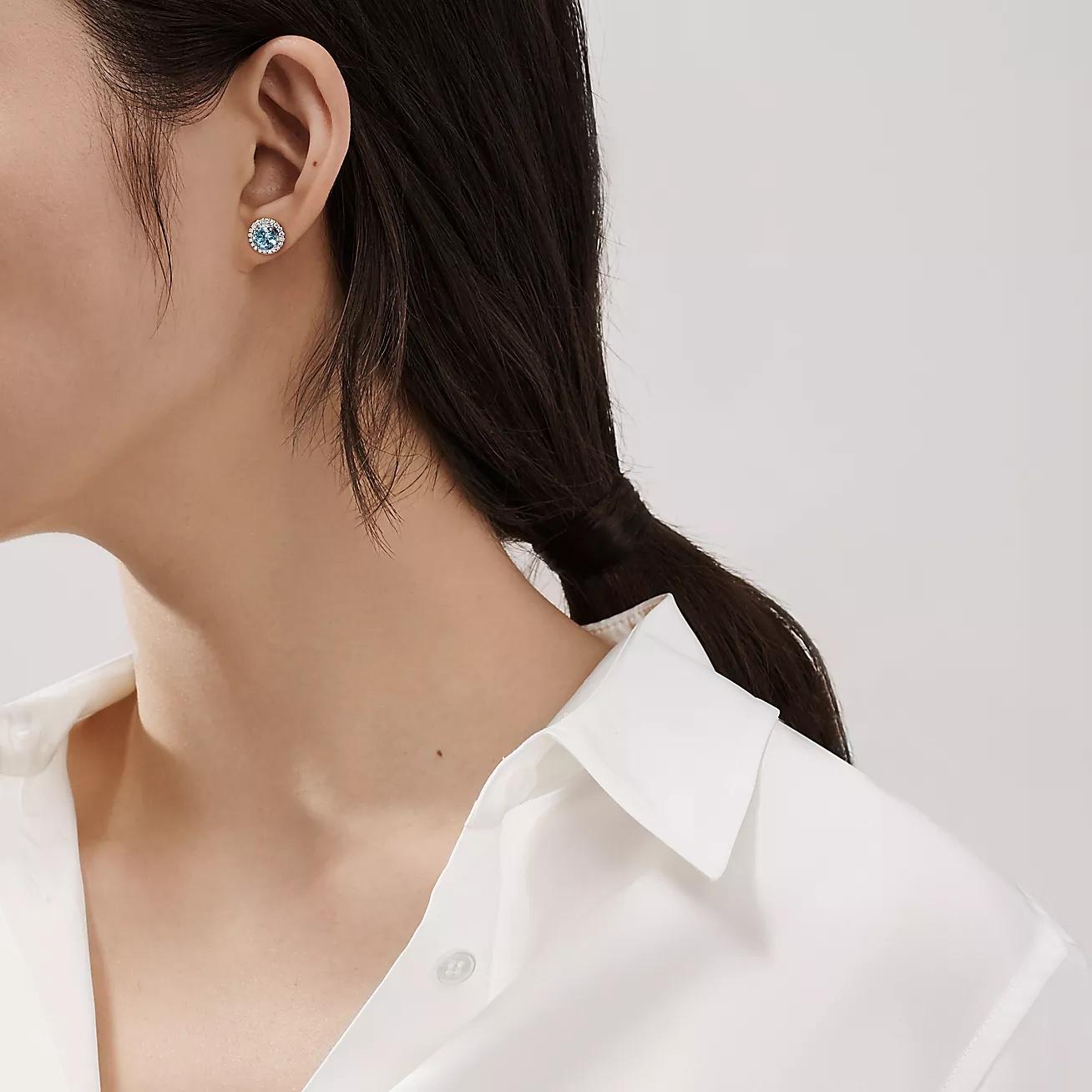 Round Cut Tiffany & Co. Soleste Earrings Platinum With Aquamarine & Diamonds Gemstones