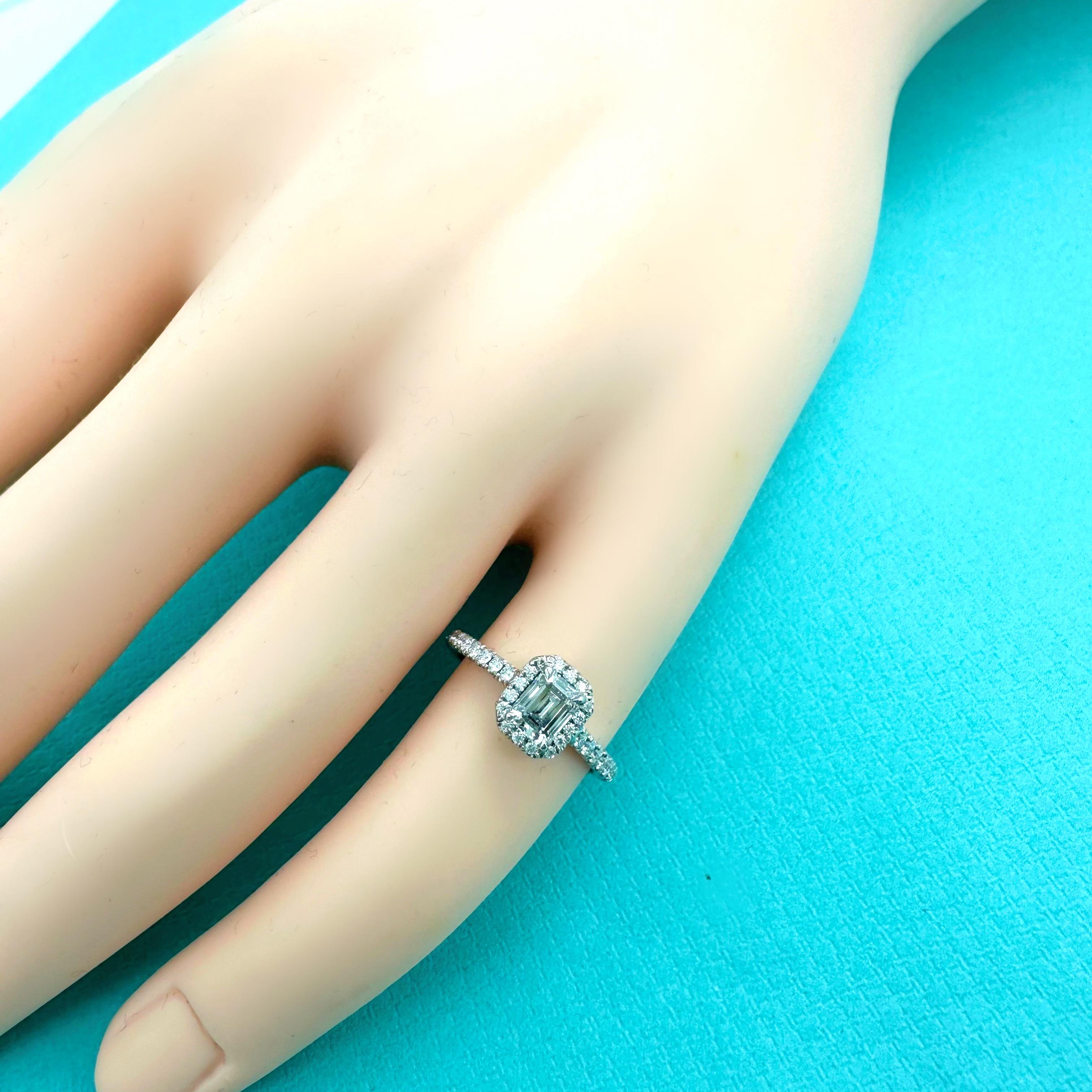 Tiffany & Co. Soleste Emerald-cut 0.44 ct Halo Engagement Ring Diamond Band Plat For Sale 2