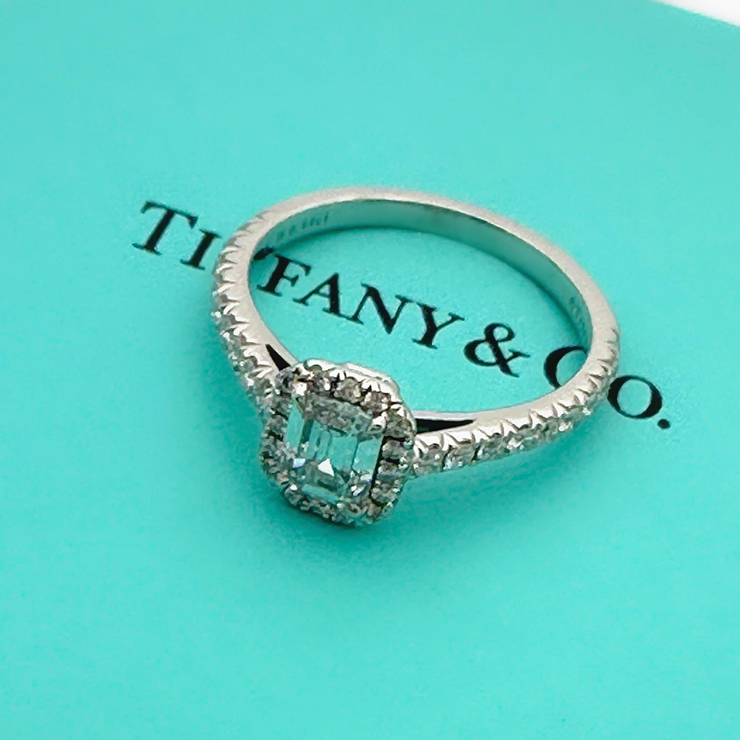 Tiffany & Co. Soleste Emerald-cut 0.44 ct Halo Engagement Ring Diamond Band Plat For Sale 3