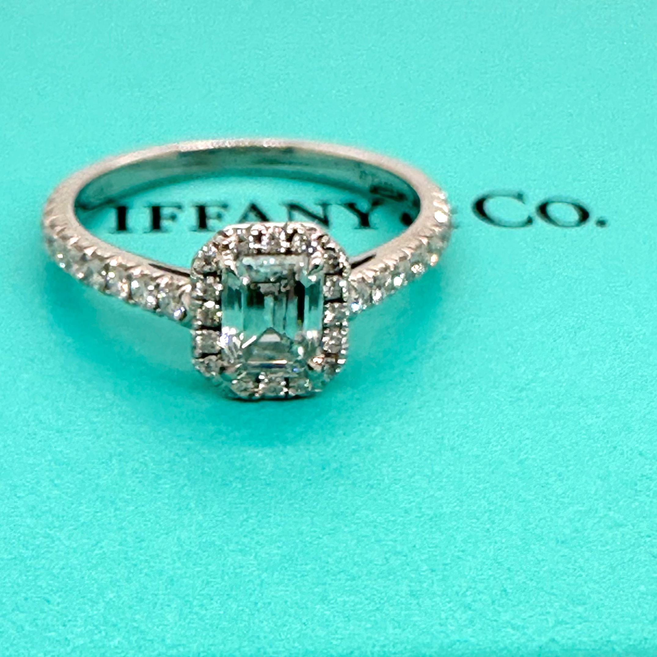 Tiffany & Co. Soleste Emerald-cut 0.44 ct Halo Engagement Ring Diamond Band Plat For Sale 4