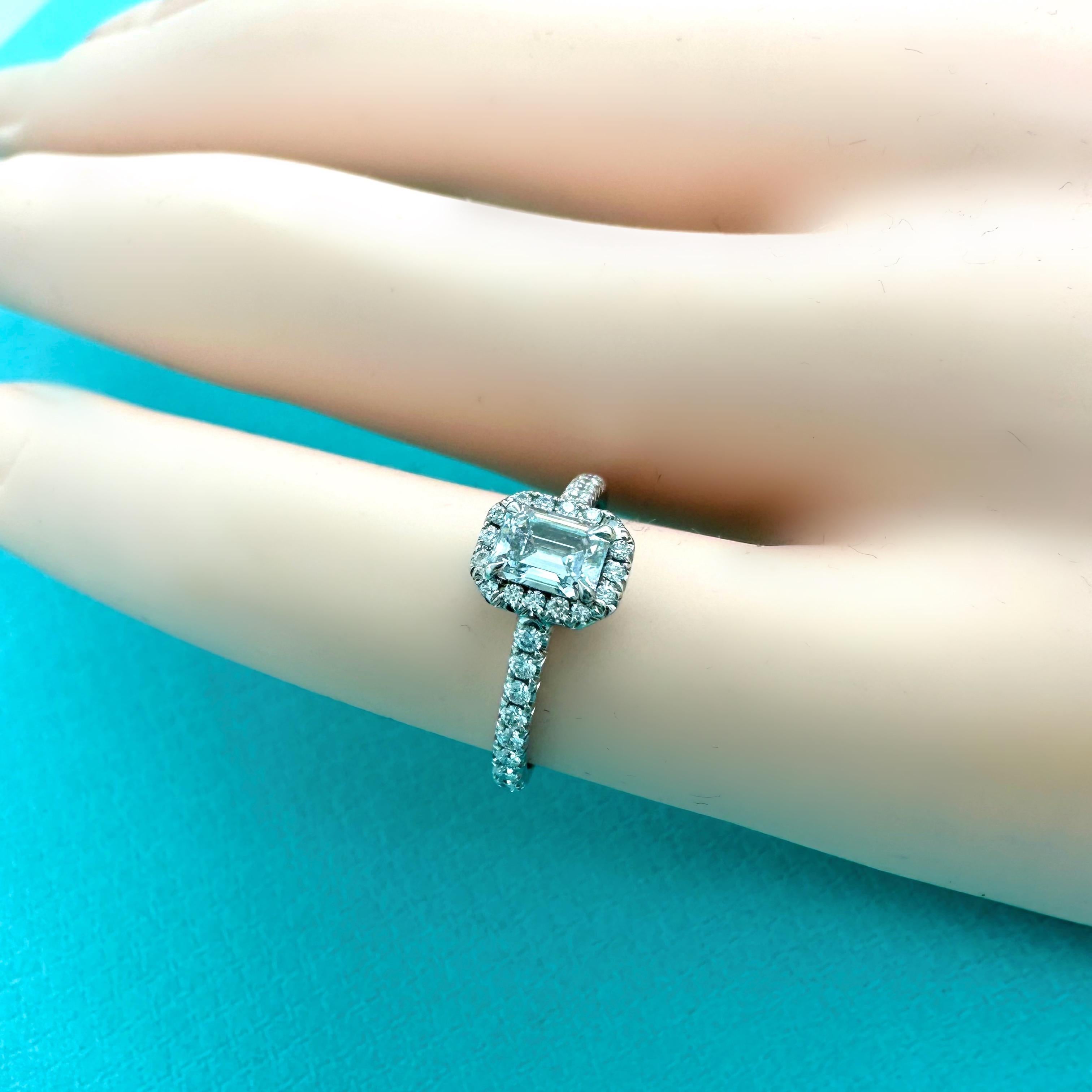 Tiffany & Co. Soleste Emerald-cut 0.44 ct Halo Engagement Ring Diamond Band Plat For Sale 6