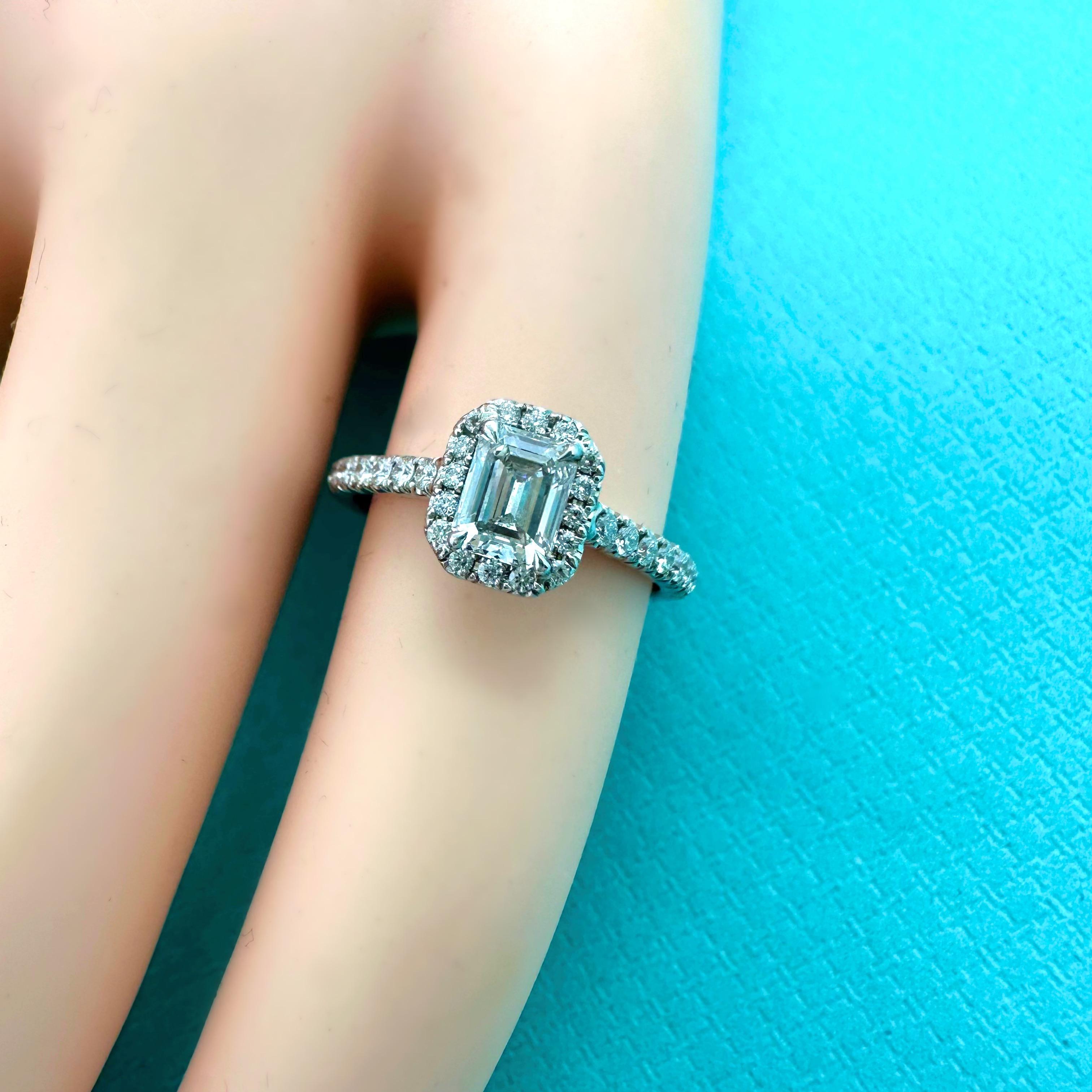 Tiffany & Co. Soleste Emerald-cut 0.44 ct Halo Engagement Ring Diamond Band Plat For Sale 7