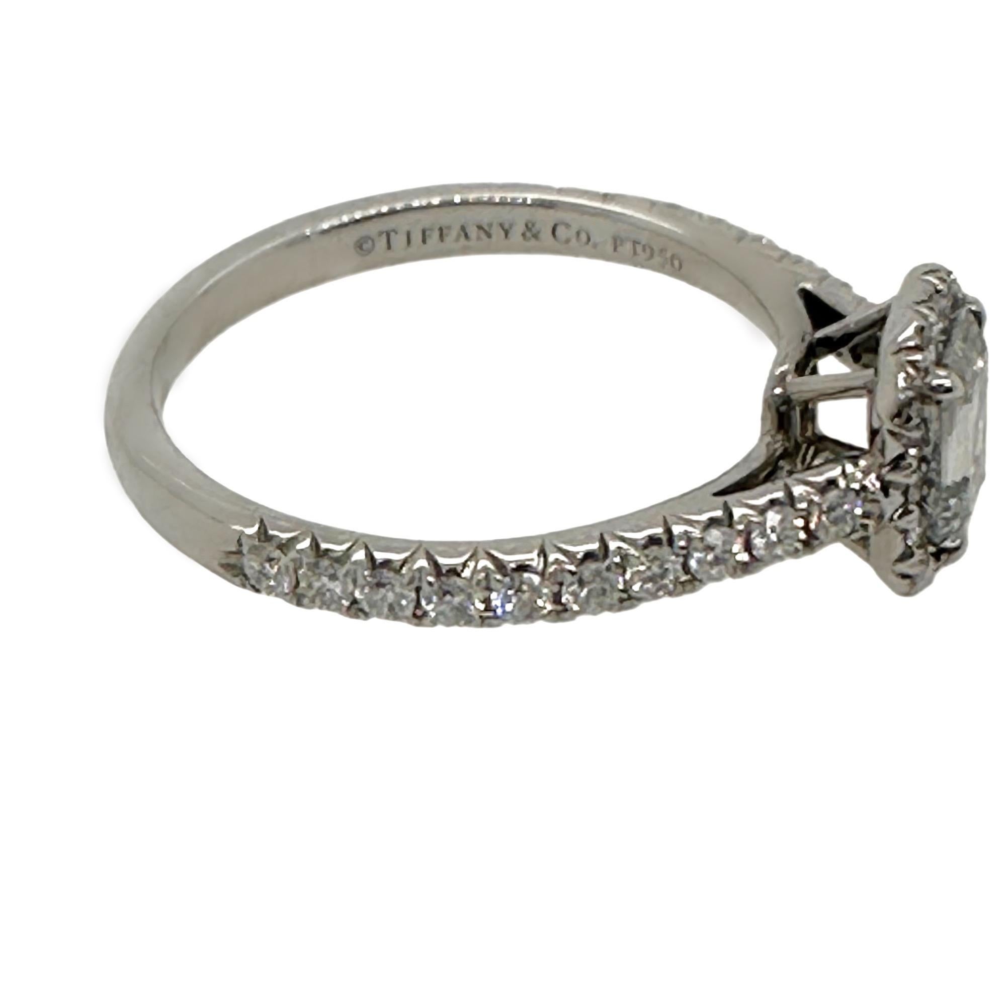 Tiffany & Co. Soleste Emerald-cut 0.44 ct Halo Engagement Ring Diamond Band Plat In Excellent Condition For Sale In San Diego, CA