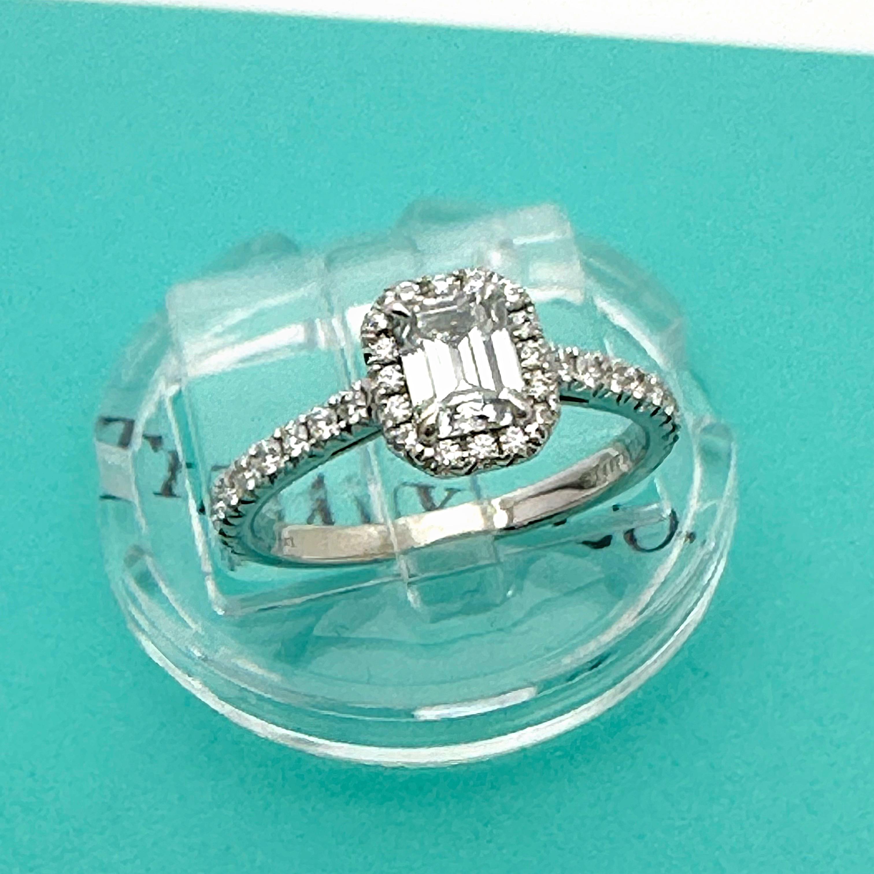 Tiffany & Co. Soleste Emerald-cut 0.44 ct Halo Engagement Ring Diamond Band Plat For Sale 1