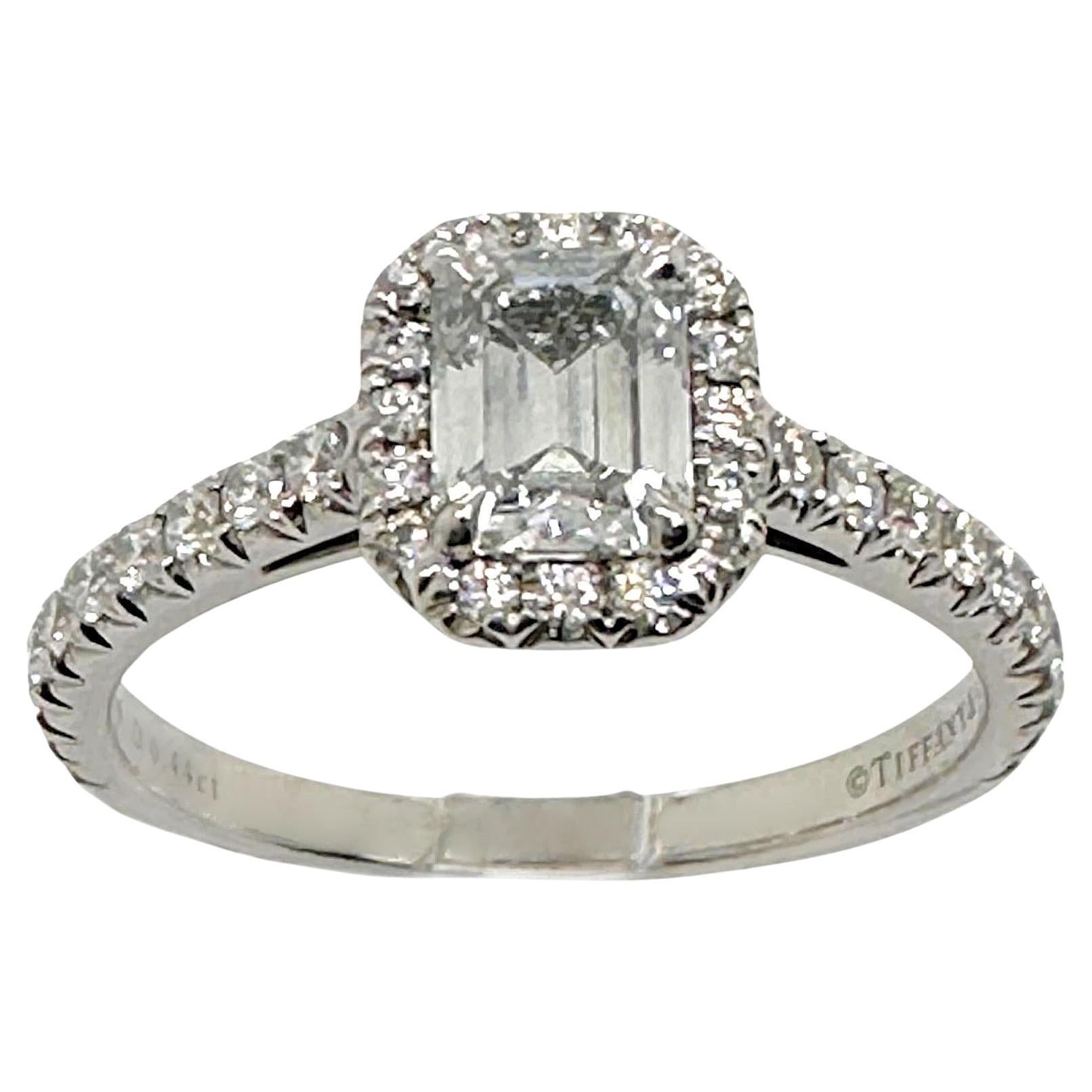 Tiffany & Co. Soleste Emerald-cut 0.44 ct Halo Engagement Ring Diamond Band Plat