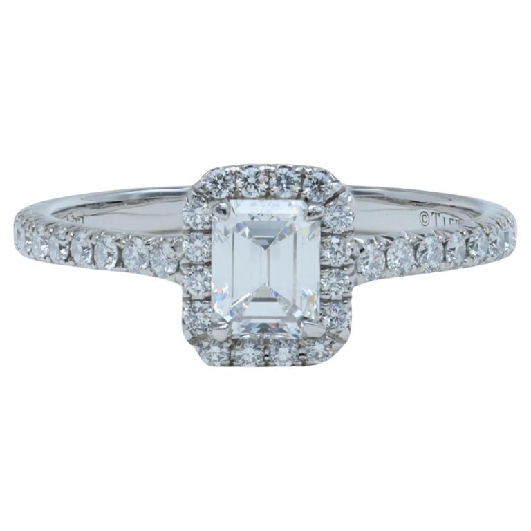 Tiffany and Soleste Emerald Cut Diamond Halo Platinum