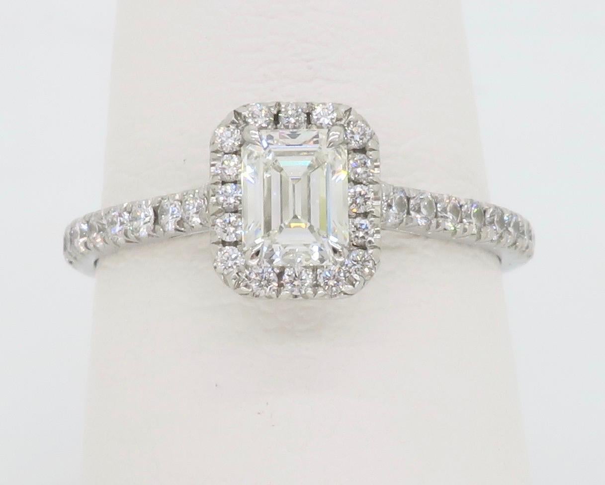 tiffany soleste emerald-cut halo engagement ring with a diamond platinum band