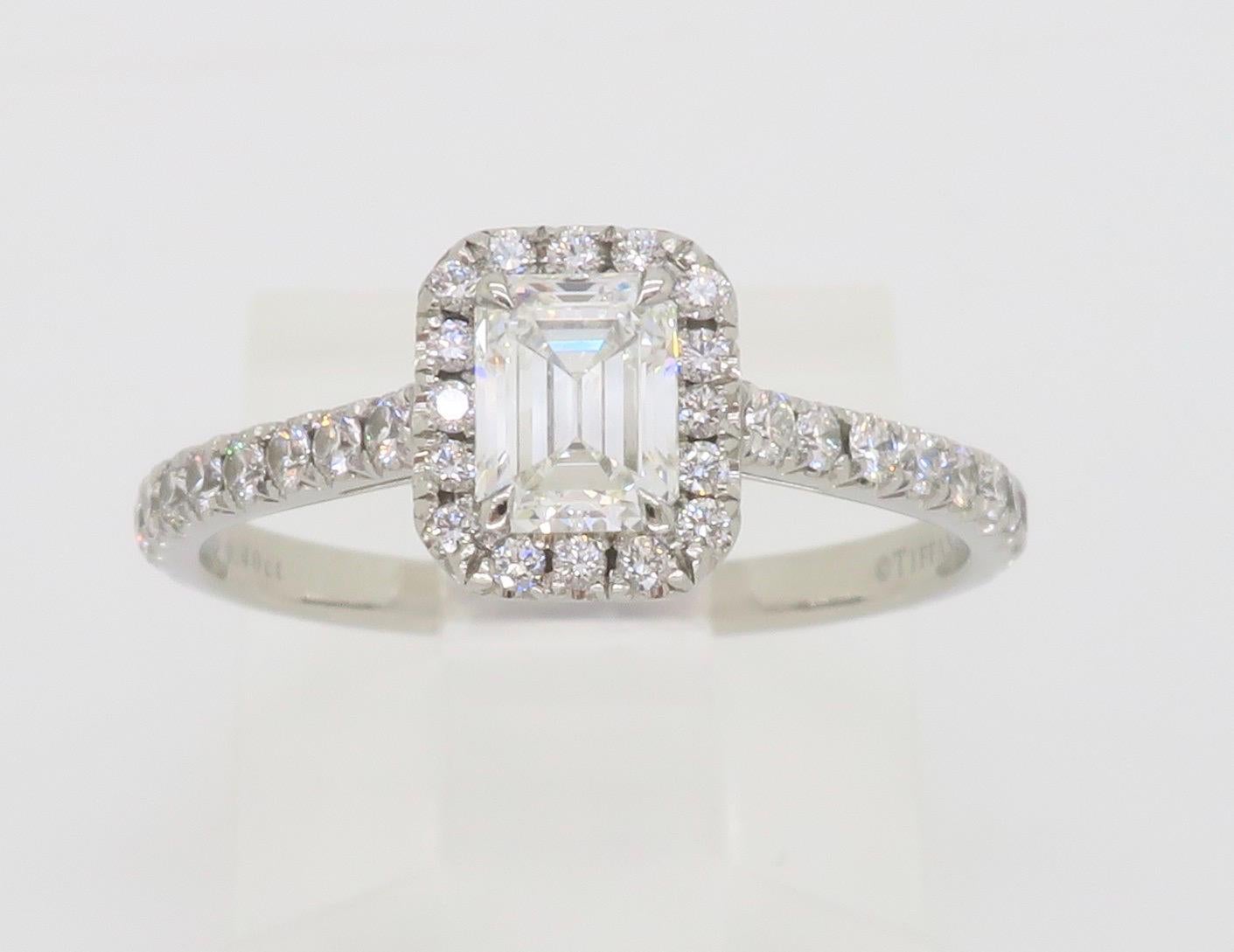 Tiffany & Co. Soleste Emerald-Cut Halo Engagement Ring Made in Platinum In Excellent Condition In Webster, NY