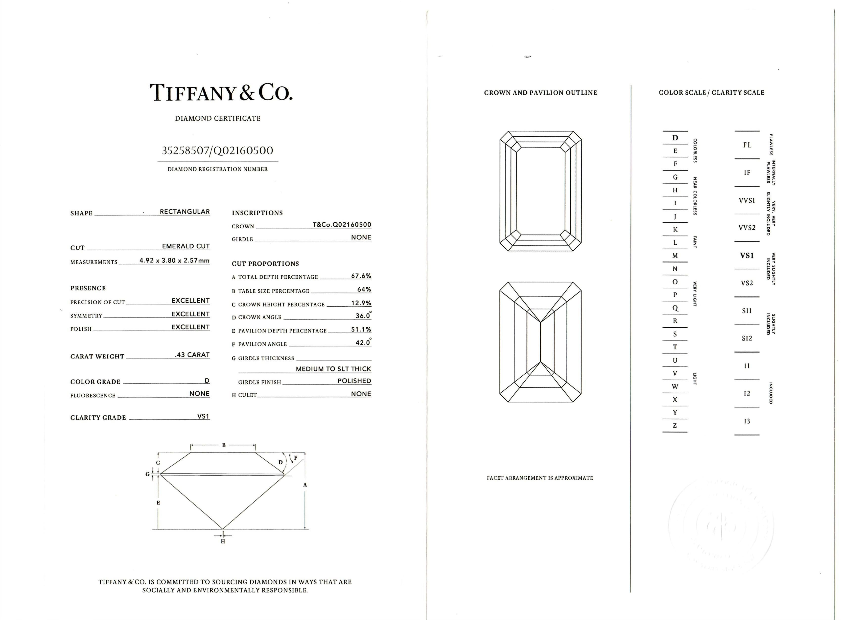 Tiffany & Co. Soleste Engagement Ring 0.43 D VS1 Emerald Cut in Platinum For Sale 1