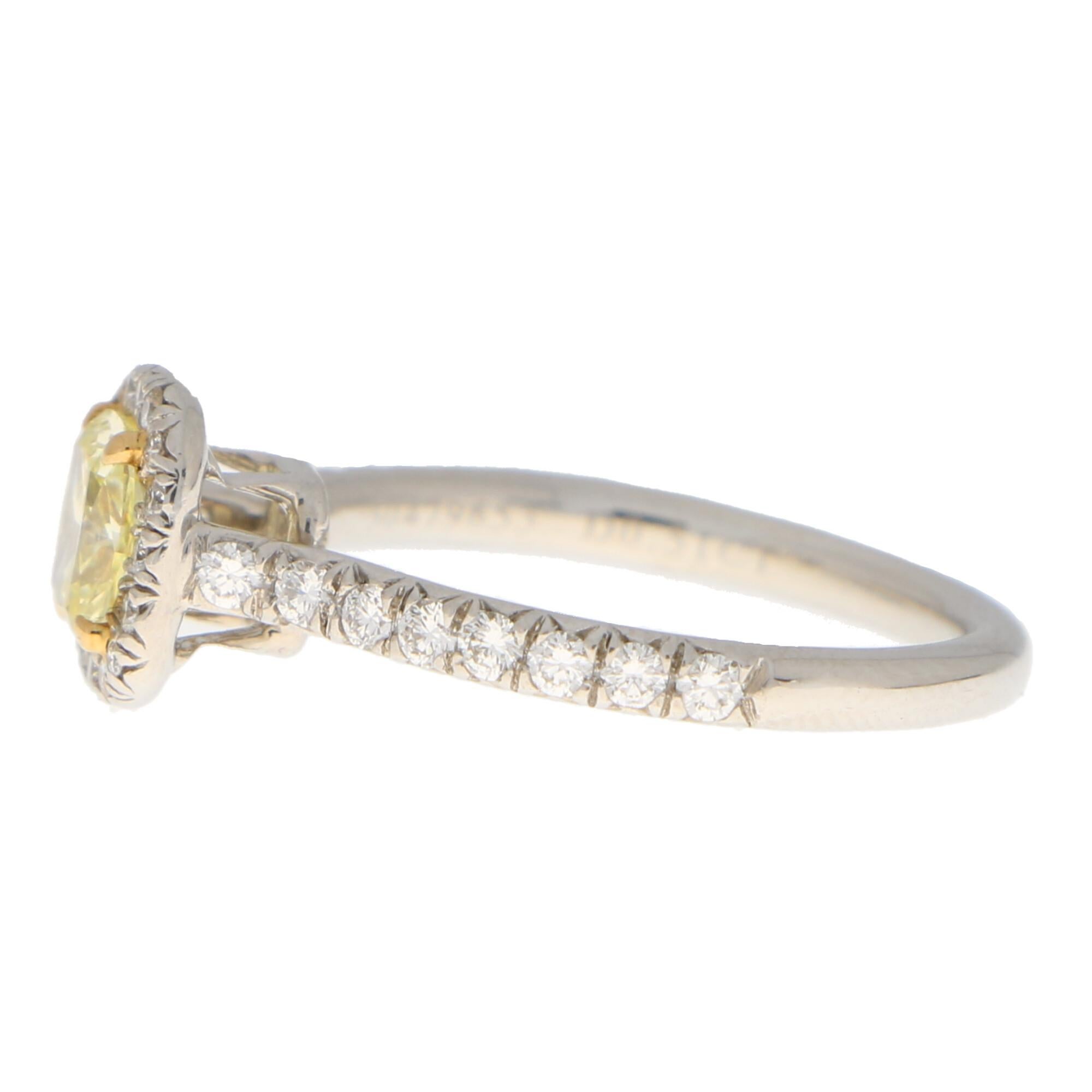 Modern Tiffany & Co 'Soleste' Fancy Yellow Diamond Engagement Ring in Platinum and Gold