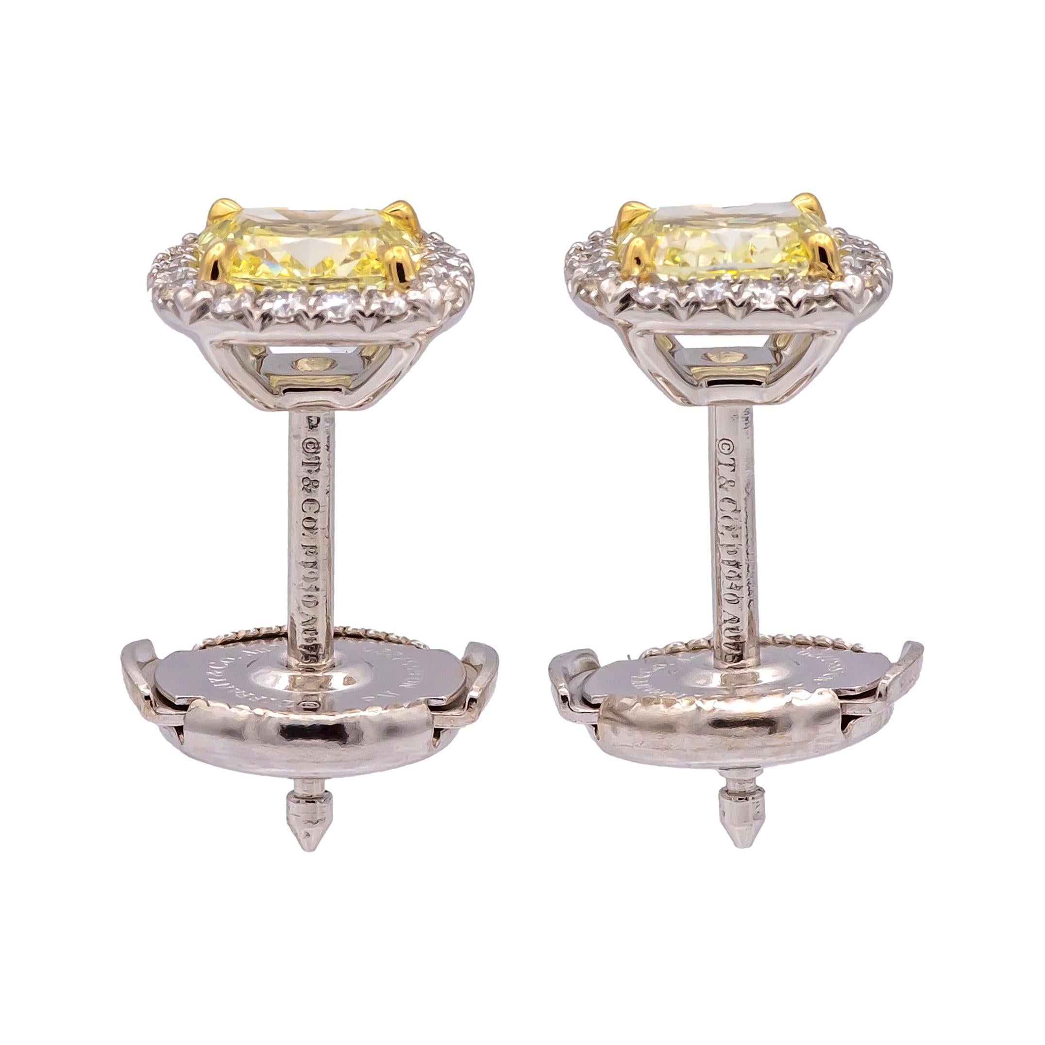 Women's or Men's Tiffany & Co. Soleste Fancy Yellow Diamond Halo Stud Earrings in Platinum & 18K